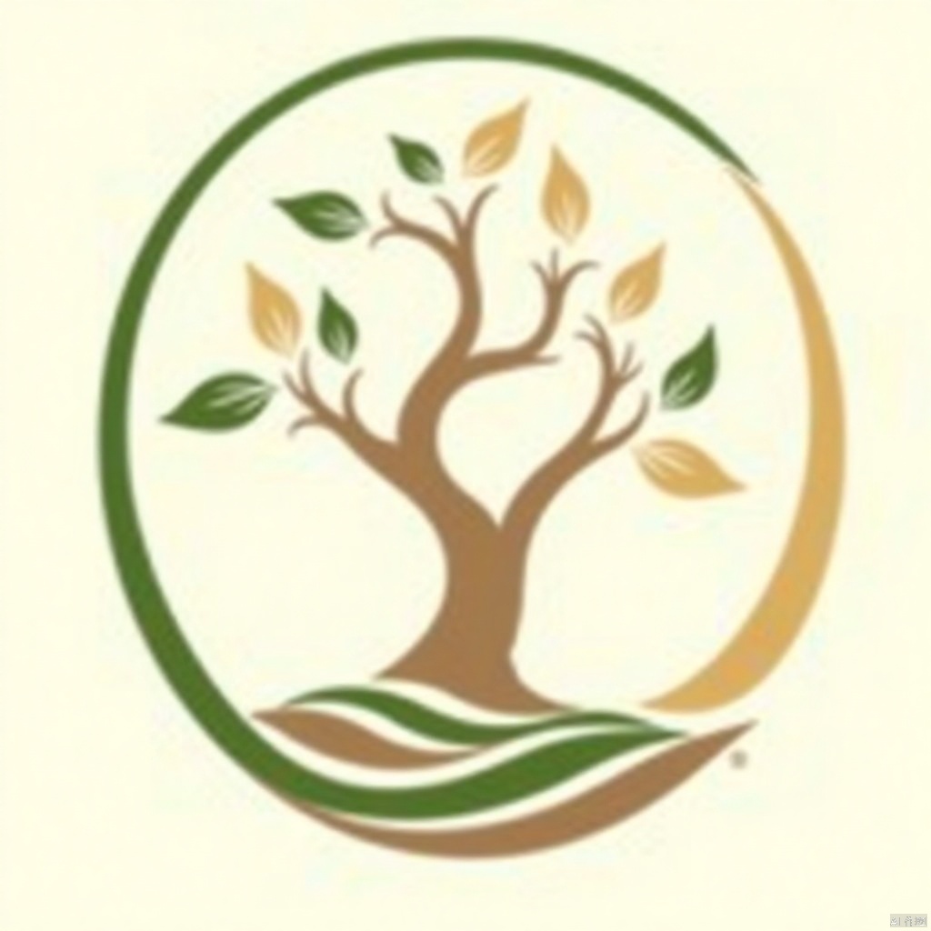 A soft, organic logo featuring a stylized tree with flowing, curved branches and delicate leaves, surrounded by a circular frame of earthy tones like green, brown, and beige. The composition is balanced and harmonious, with a natural, hand-drawn aesthetic. Subtle textures like wood grain and leaf veins add depth and authenticity. The background is plain, ensuring focus on the serene, nature-inspired design. The logo is warm, inviting, and perfect for an eco-friendly or outdoor brand.