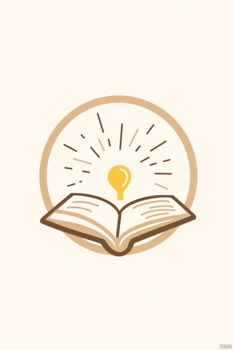 A simple, elegant logo featuring an open book with flowing pages, surrounded by a circular frame of soft, warm tones like beige, brown, and gold. The composition is balanced and centered, with a minimalist, hand-drawn aesthetic. Subtle details like text lines and a glowing lightbulb above the book symbolize knowledge and inspiration. The background is plain, ensuring focus on the serene, intellectual design. The logo is inviting and perfect for a literary or educational brand.