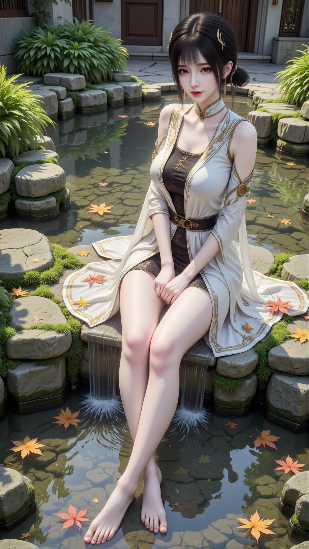 full-body picture
Composition from different angles
A girl sitting on a stone in the yard
solo
Black hair
Hair temples
Sleeve separation
Watching the audience
Hair accessories
Dress
Earrings
Necklace
Show your legs
Long legs 
Tall guy
A faint smile
eye shadow
Red lips
eyelash
barefoot
water
Happy greeting to the camera
Red lips
Chinese style courtyard. Architecture. Moss grows all over the stones. pond. Green plants. Lotus. Leaves are floating on the water surface. The ground is covered with maple leaves.
Realistic. Ultra clear. 8K. A masterpiece. Natural light.