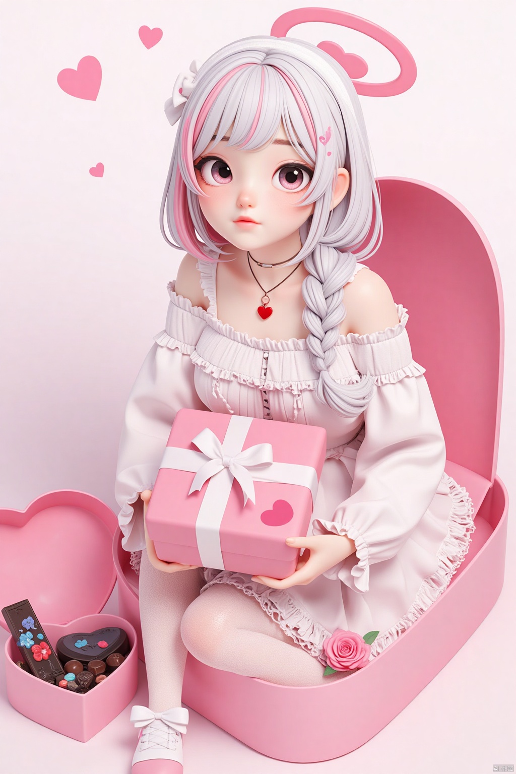 loli, 1girl,box,heart-shaped box,pantyhose,solo,colored inner hair,in box,white pantyhose,halo,white choker,in container,multicolored hair,pink hair,looking at viewer,shirt,single braid,white shirt,red halo,plana (blue archive),frilled choker,no shoes,long sleeves,holding,white hairband,bow hairband,closed mouth,two-tone hair,braid,hairband,arona (blue archive),alternate costume,gift,gift box,blush,box of chocolates,off shoulder,valentine,frills,choker,white ribbon,feet,lying,red pupils,heart,holding box,grey hair,pink pupils,holding gift,pink halo,white hair,legs,puffy long sleeves,short hair,black eyes,grey eyes,foot out of frame,toes,long hair,side braid,ribbon,rose,white dress,ass,knees up,flower,food,