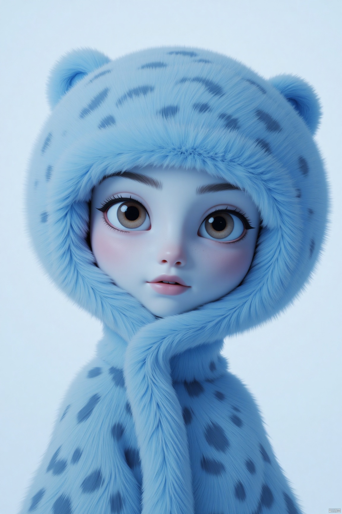 A leopard, blue stuffed hat, headshot, furry, blue tones, Disney Pixar Studio style portrait photography, pastel tones, model display, half-length shot, with fine gloss, white clean background, 3D rendering, soft Focus, Octane Render (OC), Blender, IP style, best quality, 8K, super detailed, simple, cute.