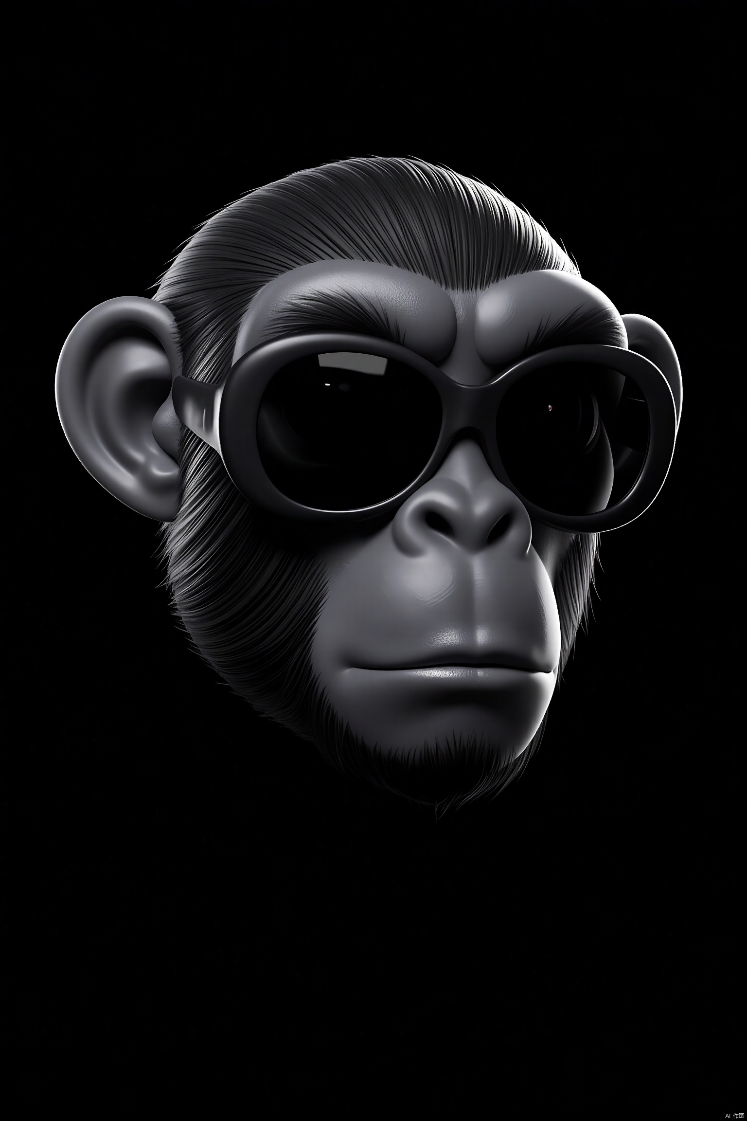  (best quality, 8K, high resolution, masterpiece), ultra detailed, (3D CGI), black sunglasses, trendy, fashionable, silver and black stylized angry muscle monkey on a black background, countryside advertising, winning photo,