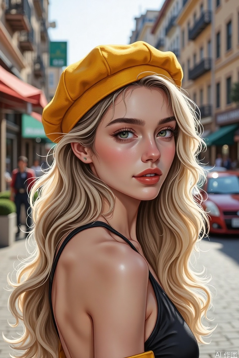  This photo shows a bust of a young woman with beautiful looks. She has long blonde curls that drapes over her shoulders and a bright yellow beret against a bustling city street. Her skin tone is impeccable, her eyeshadow is a natural earth color, and her lips are painted a soft orange. She stood there naturally, with a lively vivacity.