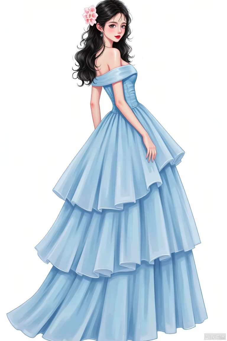 The image depicts a young woman dressed in an elegant, light blue ball gown. The gown features multiple layers of ruffled fabric, giving it a voluminous and graceful appearance. The woman has her hair styled in loose waves, adorned with a light pink flower accessory. Her makeup is subtle yet striking, with a pink blush on her cheeks and red lipstick. The background is plain white, which helps to highlight the subject and her attire.