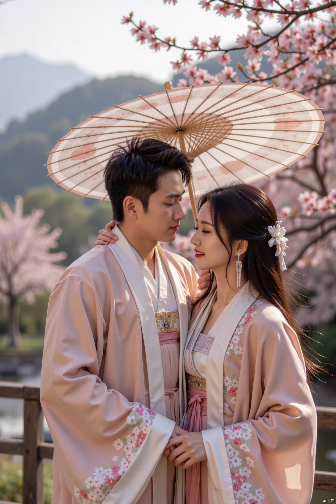 A serene couple's moment: a man and woman, dressed in hanfu, stand together under the gentle drizzle, holding a West Lake Silk Umbrella. The man's arm wraps around the woman's waist, as she gazes up at him with a soft smile. They're surrounded by the tranquil Apricot forest, where pink and white petals cling to the trees, glistening with cold dew. In the distance, the majestic mountains rise, their peaks hidden in the misty haze. Soft, crisp light emanates from the smoke-filled cage, casting a warm glow on the scene. The focus is sharp, with intricate details and textures visible even at 32K UHD resolution.