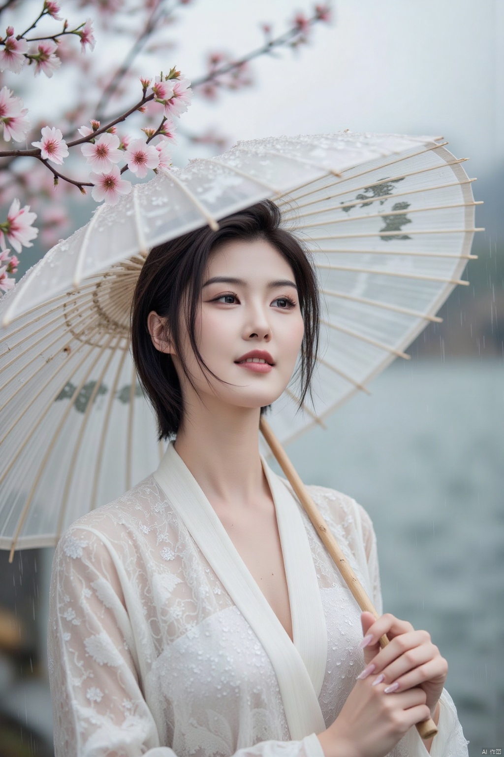 Drizzle such as crisp, smoke light cage, a bay ting Nagisa hidden in the haze. Apricot forest on the shore, pink and white petals congealed with cold dew, fluttering in the chilly spring.

In the distance, a beautiful woman stands alone. She dressed in white brocade, waist graceful, hair such as a waterfall, only with a sheep fat hosta pine pull on. The West Lake silk umbrella painted with ink bamboo in the hand, slightly inclined, seems to undertake this boundless melancholy.

The wind blew, apricot flowers rustled down, sprinkled on her shoulders. She raised her eyes and looked at the misty mountains and rivers in the distance. Her red lips were gently raised and she murmured. Was she reproaching her beloved whose return was uncertain or sighing at her dreamlike youth? Drizzle wet her skirt, but did not disturb her a cent, she stood so quietly in the misty rain, become this cold spring a charming and heartbreaking scenery, as if from the poetry and painting, with a thousand years of feelings and grievances, a long time.,plns,cher