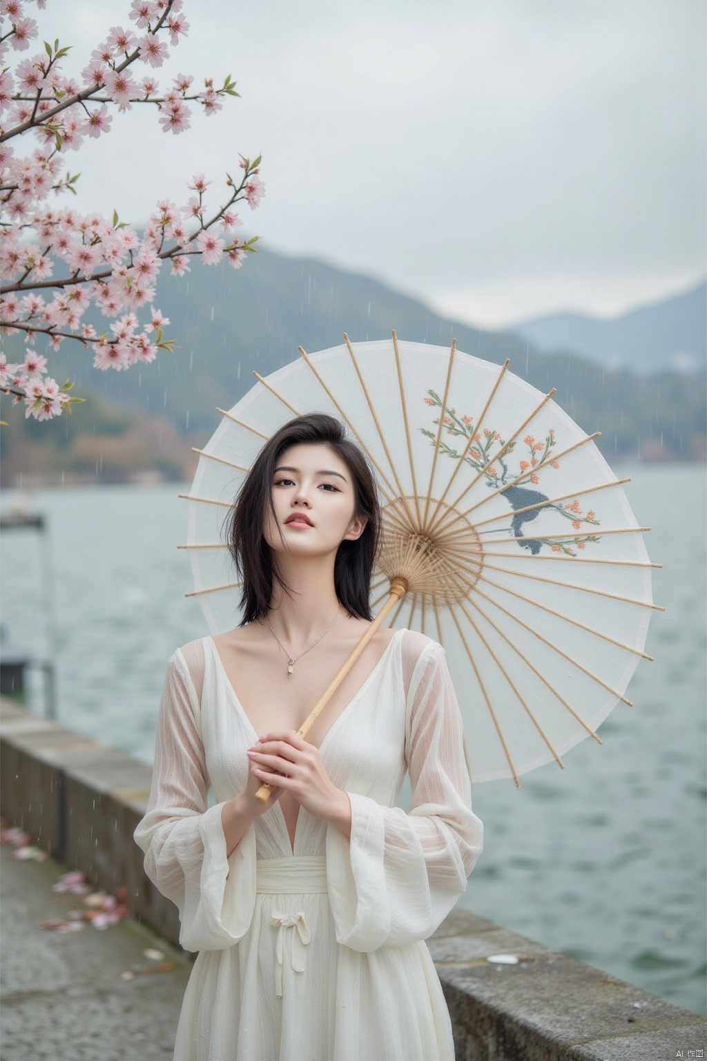 Drizzle such as crisp, smoke light cage, a bay ting Nagisa hidden in the haze. Apricot forest on the shore, pink and white petals congealed with cold dew, fluttering in the chilly spring.

In the distance, a beautiful woman stands alone. She dressed in white brocade, waist graceful, hair such as a waterfall, only with a sheep fat hosta pine pull on. The West Lake silk umbrella painted with ink bamboo in the hand, slightly inclined, seems to undertake this boundless melancholy.

The wind blew, apricot flowers rustled down, sprinkled on her shoulders. She raised her eyes and looked at the misty mountains and rivers in the distance. Her red lips were gently raised and she murmured. Was she reproaching her beloved whose return was uncertain or sighing at her dreamlike youth? Drizzle wet her skirt, but did not disturb her a cent, she stood so quietly in the misty rain, become this cold spring a charming and heartbreaking scenery, as if from the poetry and painting, with a thousand years of feelings and grievances, a long time.,plns,cher