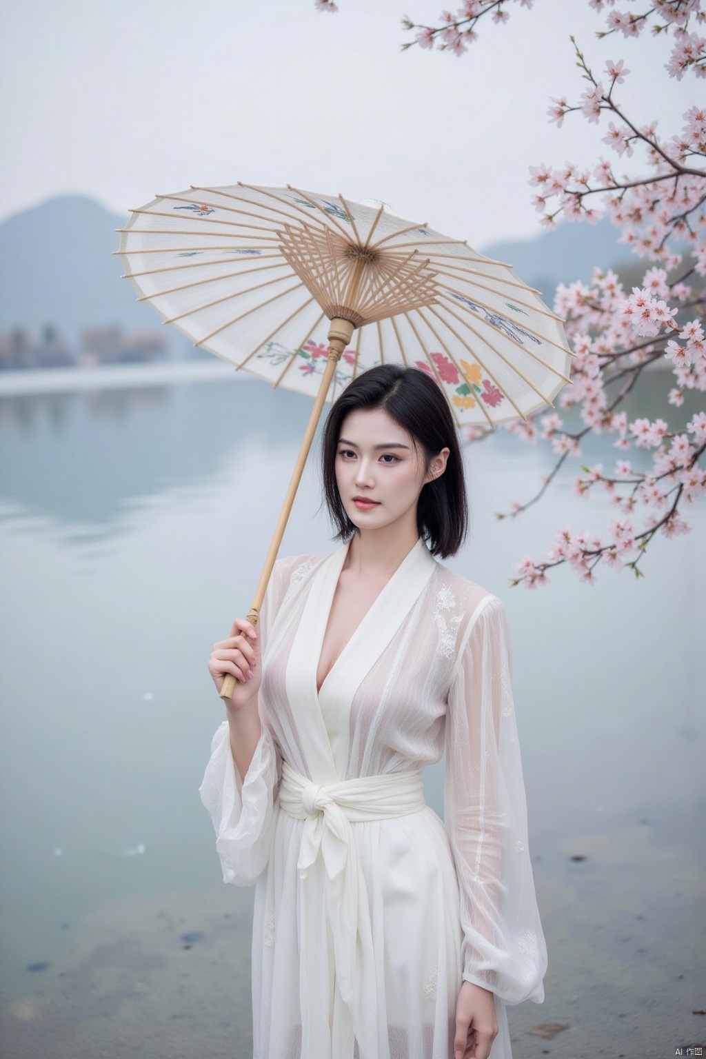 Drizzle such as crisp, smoke light cage, a bay ting Nagisa hidden in the haze. Apricot forest on the shore, pink and white petals congealed with cold dew, fluttering in the chilly spring.

In the distance, a beautiful woman stands alone. She dressed in white brocade, waist graceful, hair such as a waterfall, only with a sheep fat hosta pine pull on. The West Lake silk umbrella painted with ink bamboo in the hand, slightly inclined, seems to undertake this boundless melancholy.

The wind blew, apricot flowers rustled down, sprinkled on her shoulders. She raised her eyes and looked at the misty mountains and rivers in the distance. Her red lips were gently raised and she murmured. Was she reproaching her beloved whose return was uncertain or sighing at her dreamlike youth? Drizzle wet her skirt, but did not disturb her a cent, she stood so quietly in the misty rain, become this cold spring a charming and heartbreaking scenery, as if from the poetry and painting, with a thousand years of feelings and grievances, a long time.,plns,cher
