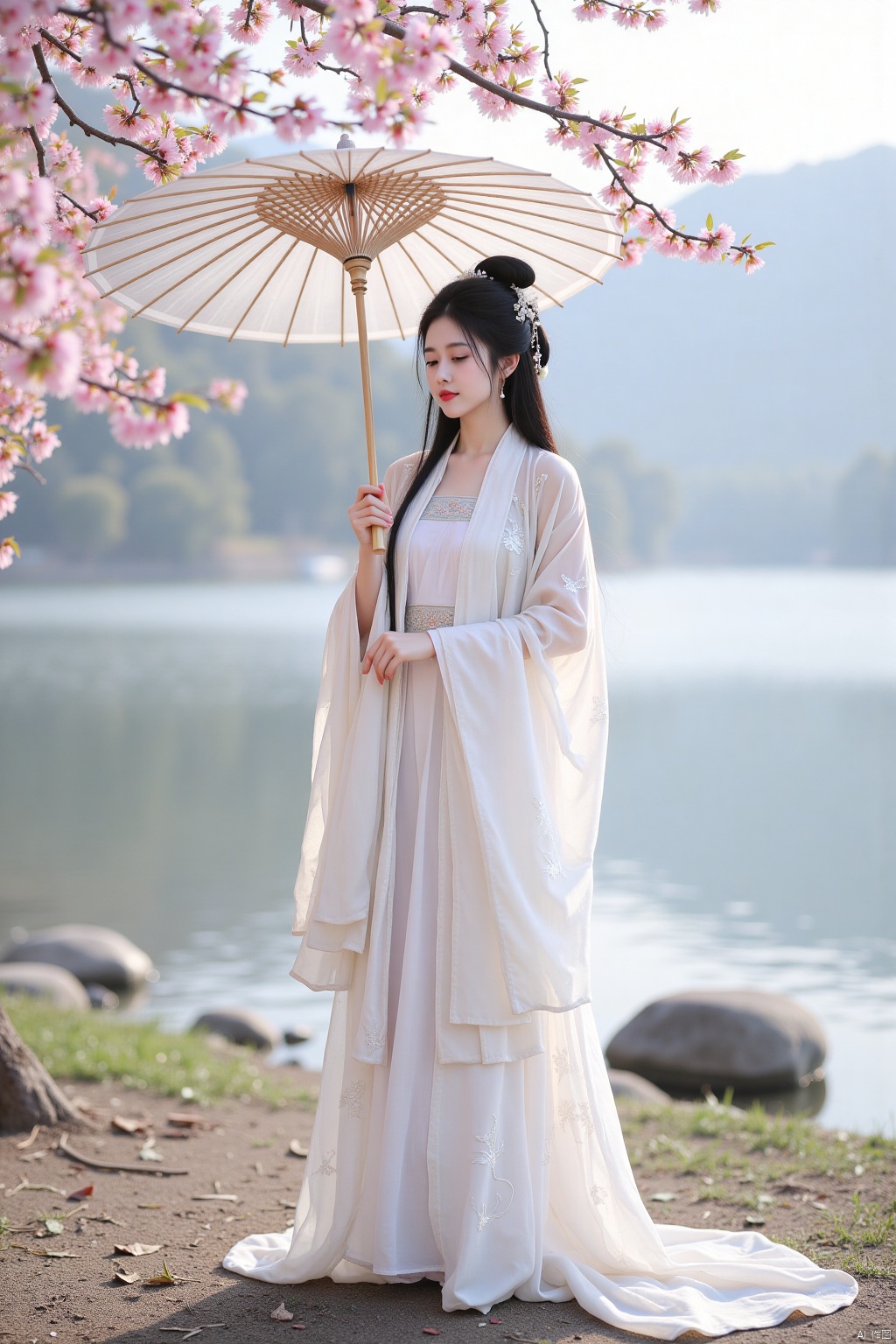 Drizzle such as crisp, smoke light cage, a bay ting Nagisa hidden in the haze. Apricot forest on the shore, pink and white petals congealed with cold dew, fluttering in the chilly spring.

In the distance, a beautiful woman stands alone. She dressed in white brocade, waist graceful, hair such as a waterfall, only with a sheep fat hosta pine pull on. The West Lake silk umbrella painted with ink bamboo in the hand, slightly inclined, seems to undertake this boundless melancholy.

The wind blew, apricot flowers rustled down, sprinkled on her shoulders. She raised her eyes and looked at the misty mountains and rivers in the distance. Her red lips were gently raised and she murmured. Was she reproaching her beloved whose return was uncertain or sighing at her dreamlike youth? Drizzle wet her skirt, but did not disturb her a cent, she stood so quietly in the misty rain, become this cold spring a charming and heartbreaking scenery, as if from the poetry and painting, with a thousand years of feelings and grievances, a long time.,plns,cher,tyz