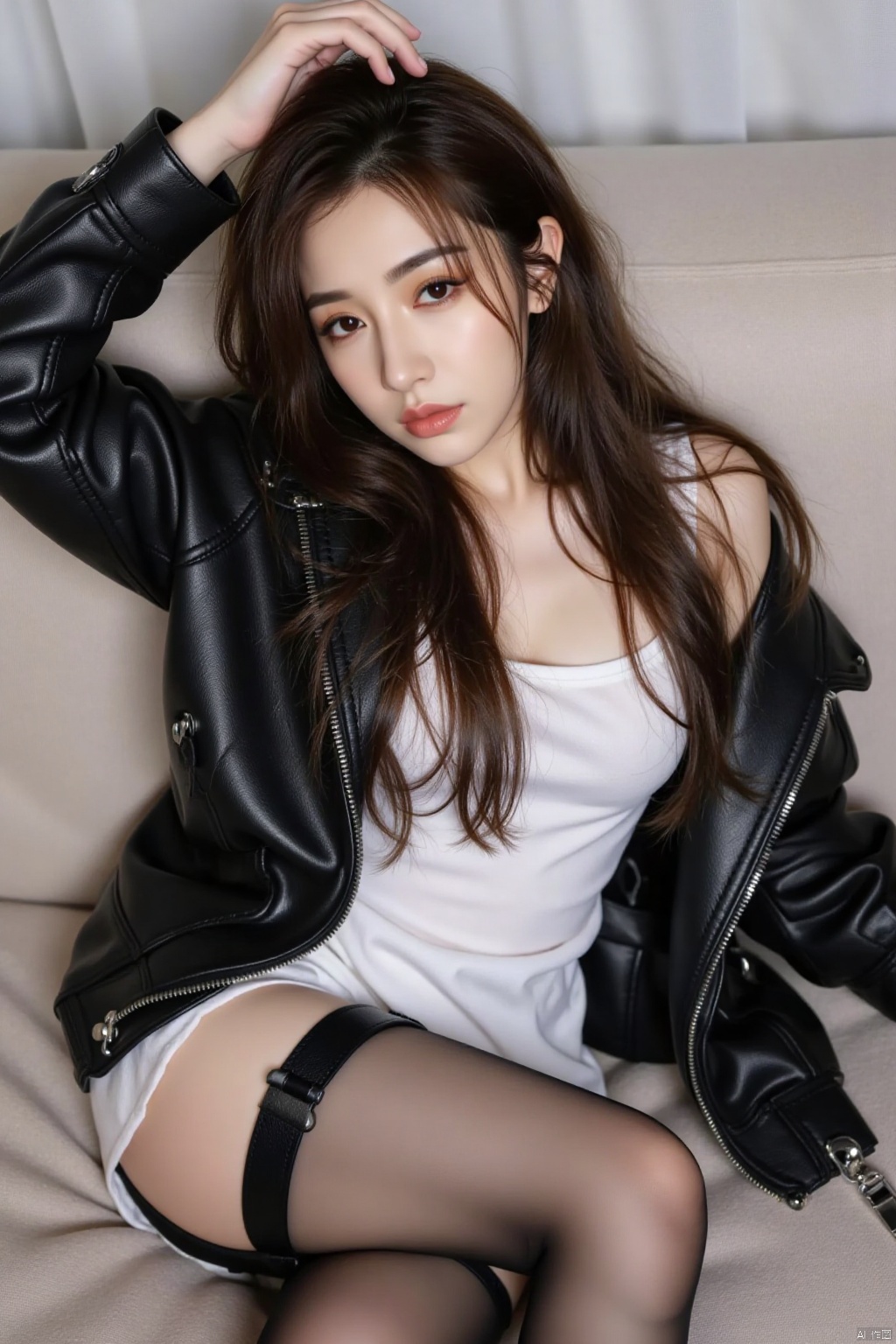 1girl, solo, long hair, looking at viewer, black hair, thighhighs, jacket, lying, on back, lips, couch, realistic