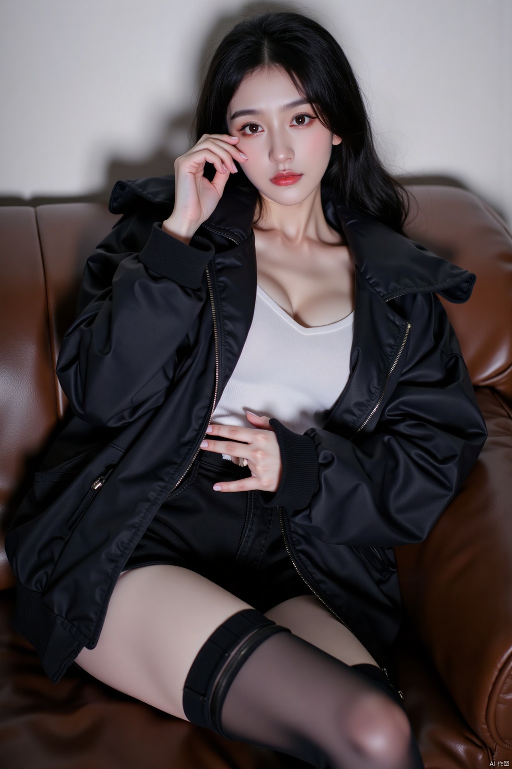 1girl, solo, long hair, looking at viewer, black hair, thighhighs, jacket, lying, on back, lips, couch, realistic