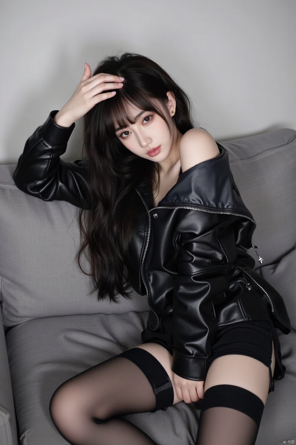 1girl, solo, long hair, looking at viewer, black hair, thighhighs, jacket, lying, on back, lips, couch, realistic