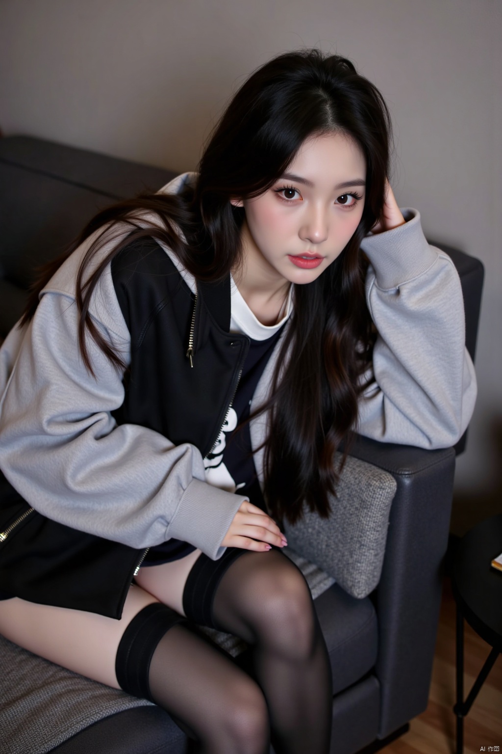 1girl, solo, long hair, looking at viewer, black hair, thighhighs, jacket, lying, on back, lips, couch, realistic