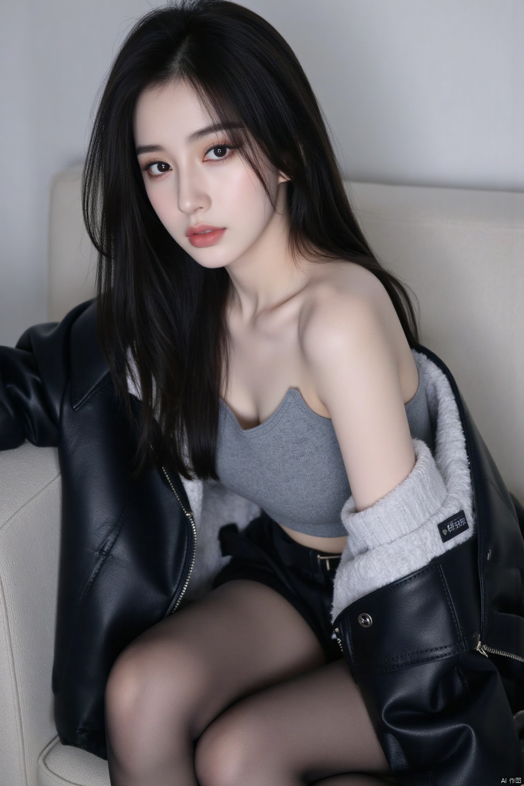 1girl, solo, long hair, looking at viewer, black hair, thighhighs, jacket, lying, on back, lips, couch, realistic