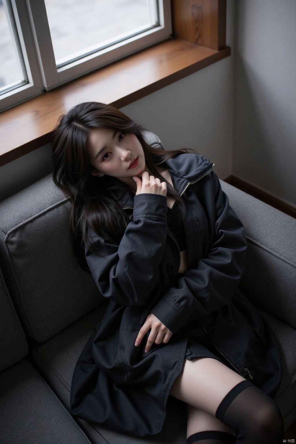 1girl, solo, long hair, looking at viewer, black hair, thighhighs, jacket, lying, on back, lips, couch, realistic