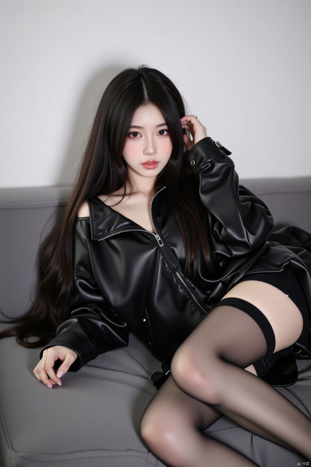 1girl, solo, long hair, looking at viewer, black hair, thighhighs, jacket, lying, on back, lips, couch, realistic