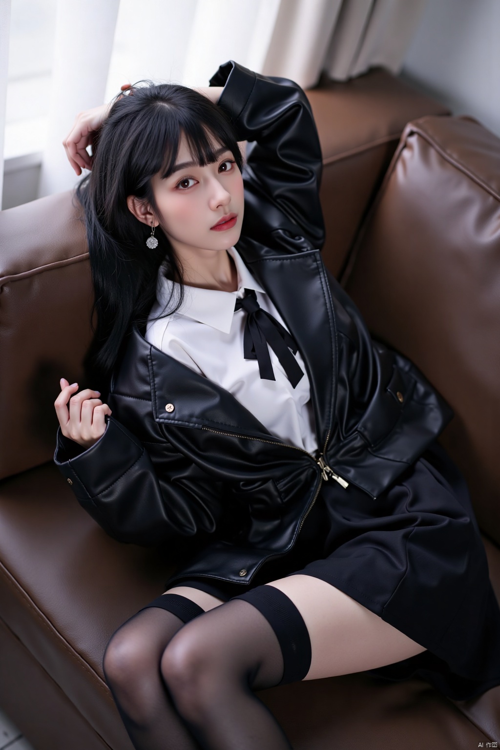 1girl, solo, long hair, looking at viewer, black hair, thighhighs, jacket, lying, on back, lips, couch, realistic