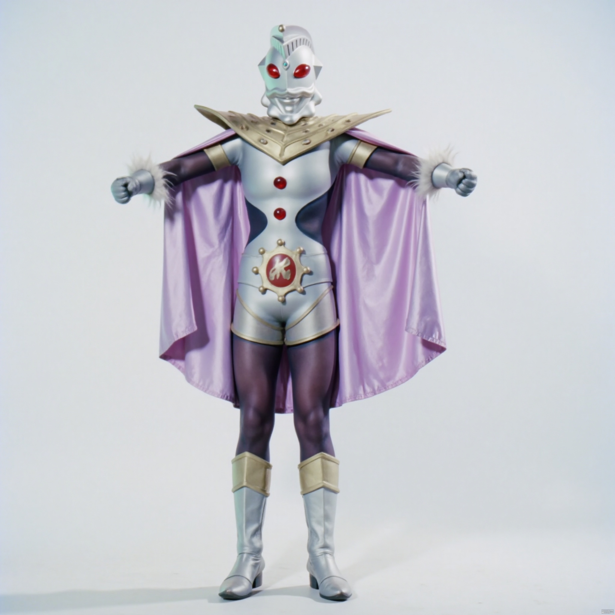 ultraman,bodysuit,gloves,legwear,boots,cover,mask,plugsuit,armor,bodysuit,pattern on body,tight-fitting,helmet,leather suit,latex,tokusatsu,no humans,science fiction,hard mask,no smile,no eyes,no nose,solo,rubber bodysuit with line,alien,shoulder armor,cape,white bodysuit,white gloves,legwear,gloves,boots,logo,cover,mask,plugsuit,gem,bodysuit,purple pattern on body,white tight-fitting,white footwear