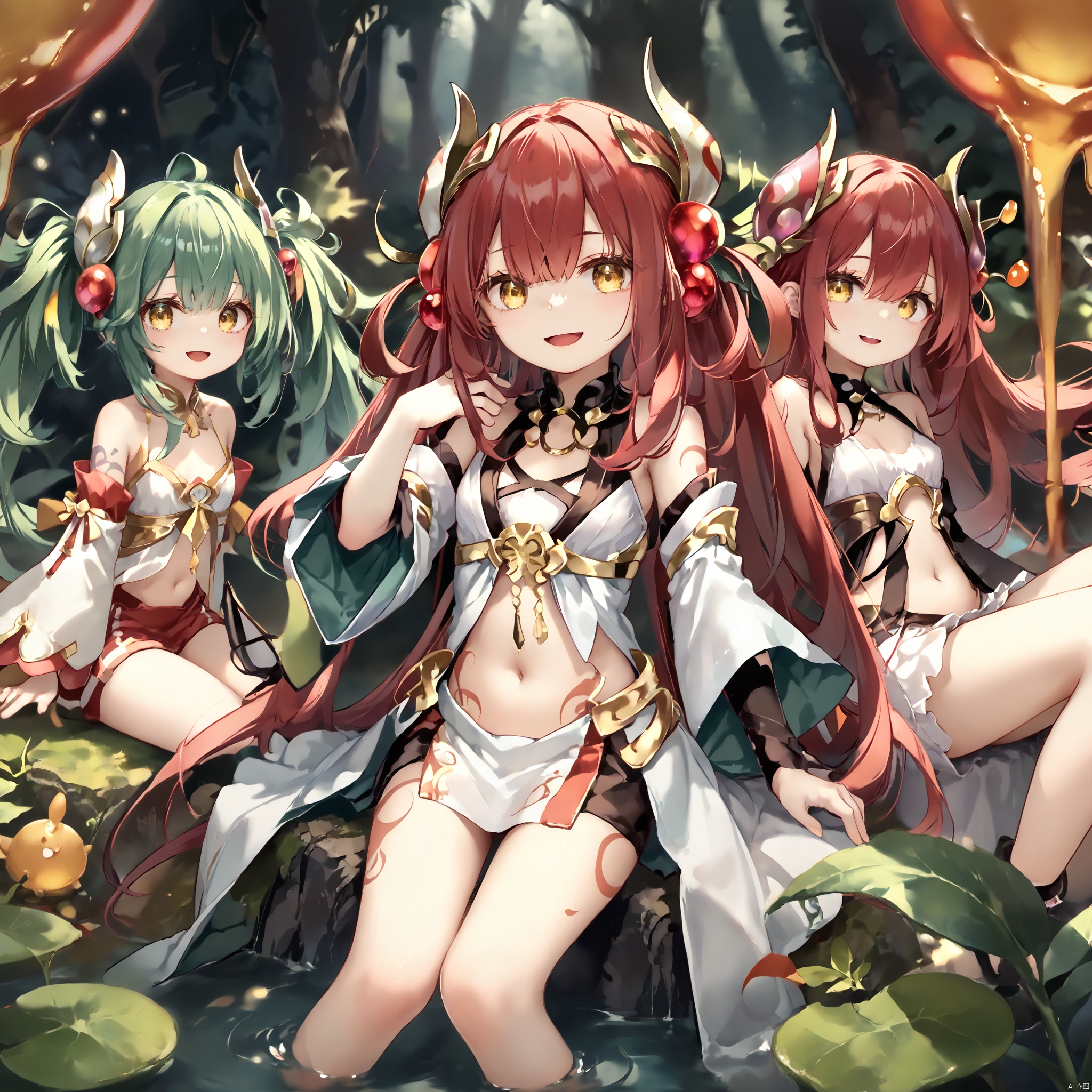 score_9,score_8,score_7, Traptrix, long hair, looking at viewer, smile, open mouth, multiple girls, hair ornament, navel, twintails, sitting, yellow eyes, red hair, detached sleeves, green hair, midriff, 3girls, tattoo, duel monster