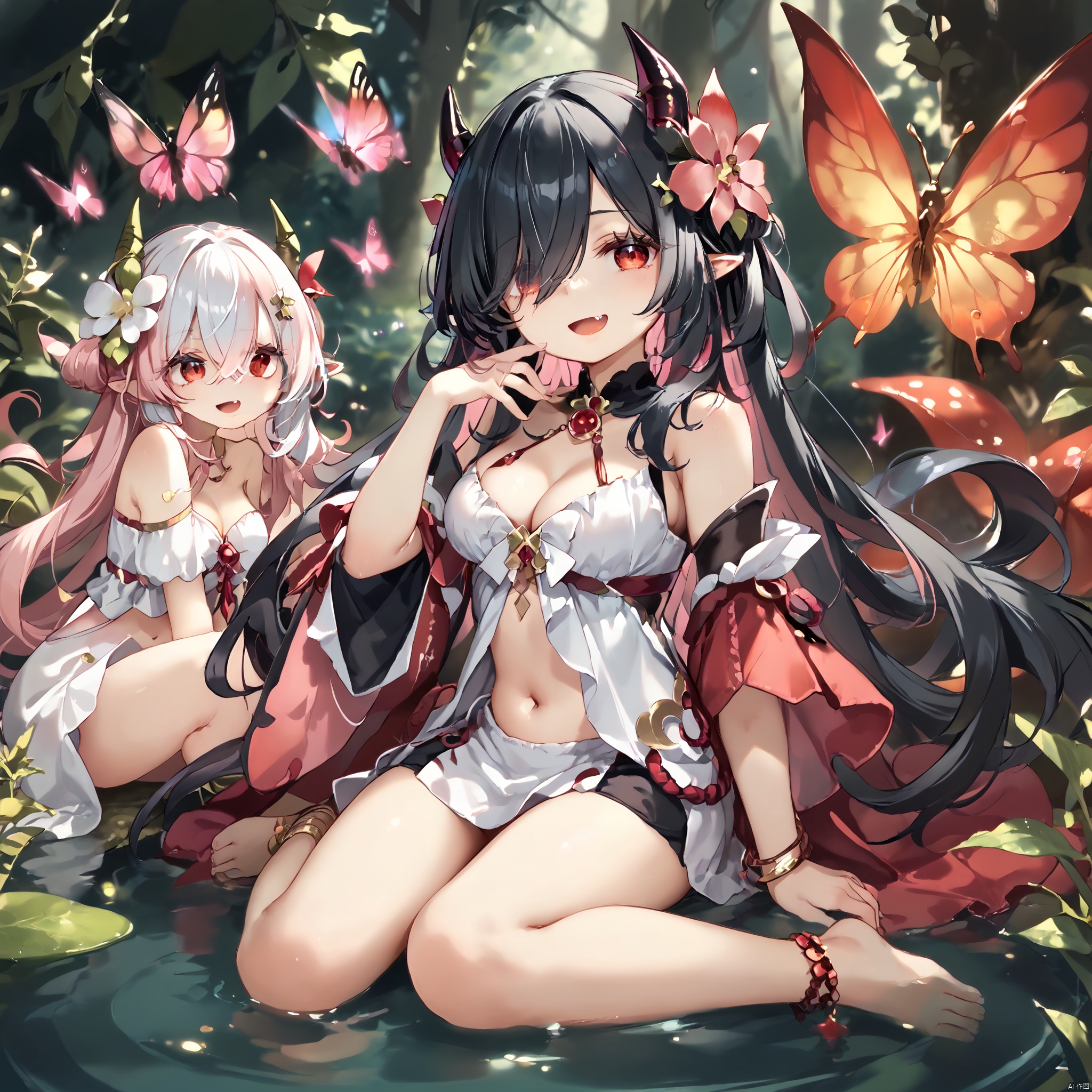 score_9,score_8,score_7, Traptrix, long hair, breasts, looking at viewer, smile, open mouth, multiple girls, black hair, hair ornament, red eyes, navel, cleavage, jewelry, medium breasts, sitting, pink hair, flower, white hair, wings, horns, barefoot, pointy ears, fang, midriff, hair flower, 3girls, hair over one eye, bug, butterfly, anklet