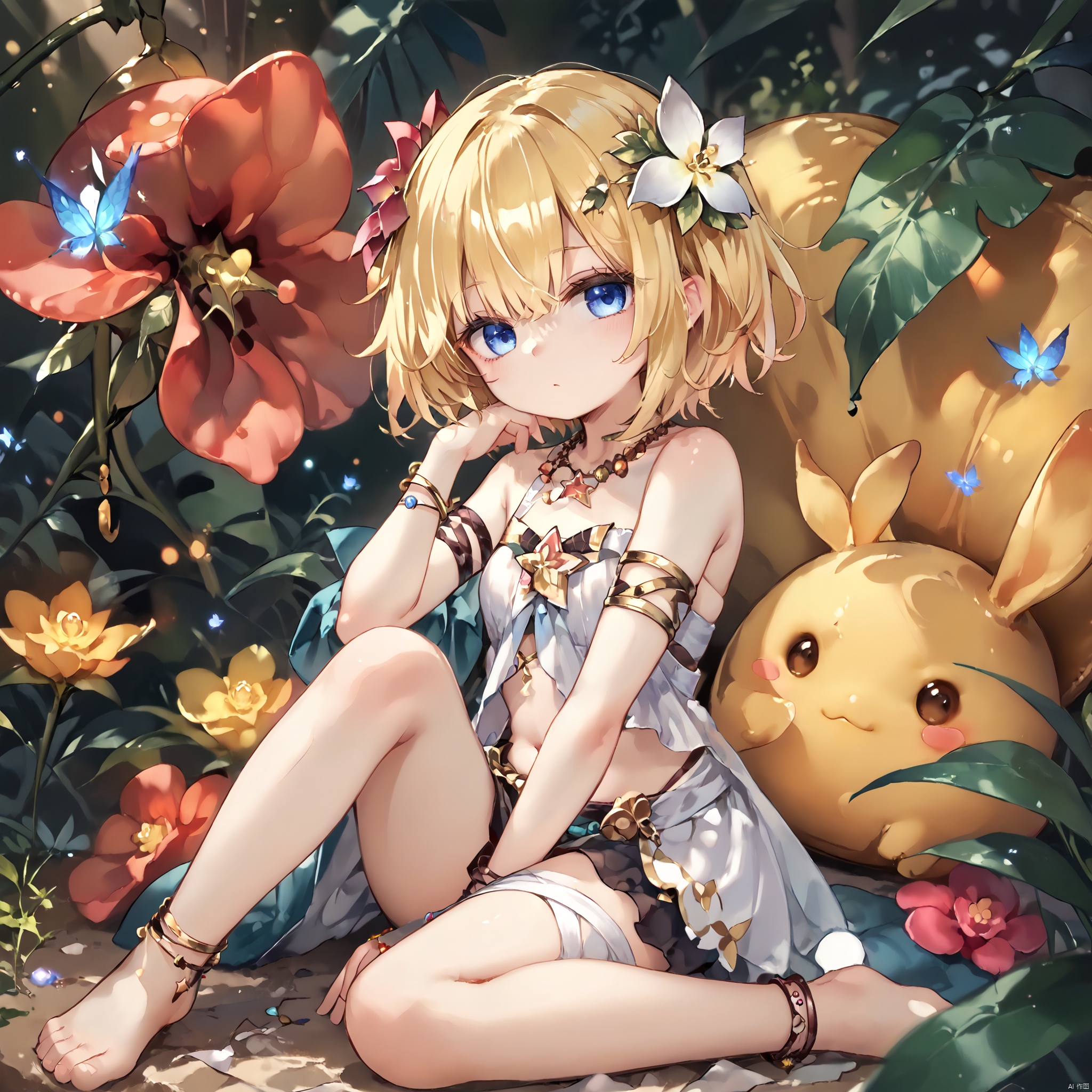 score_9,score_8,score_7, Traptrix, 1girl, solo, looking at viewer, short hair, blue eyes, blonde hair, hair ornament, ribbon, bare shoulders, jewelry, sitting, flower, barefoot, midriff, hair flower, star \(symbol\), bracelet, bandages, armlet, anklet