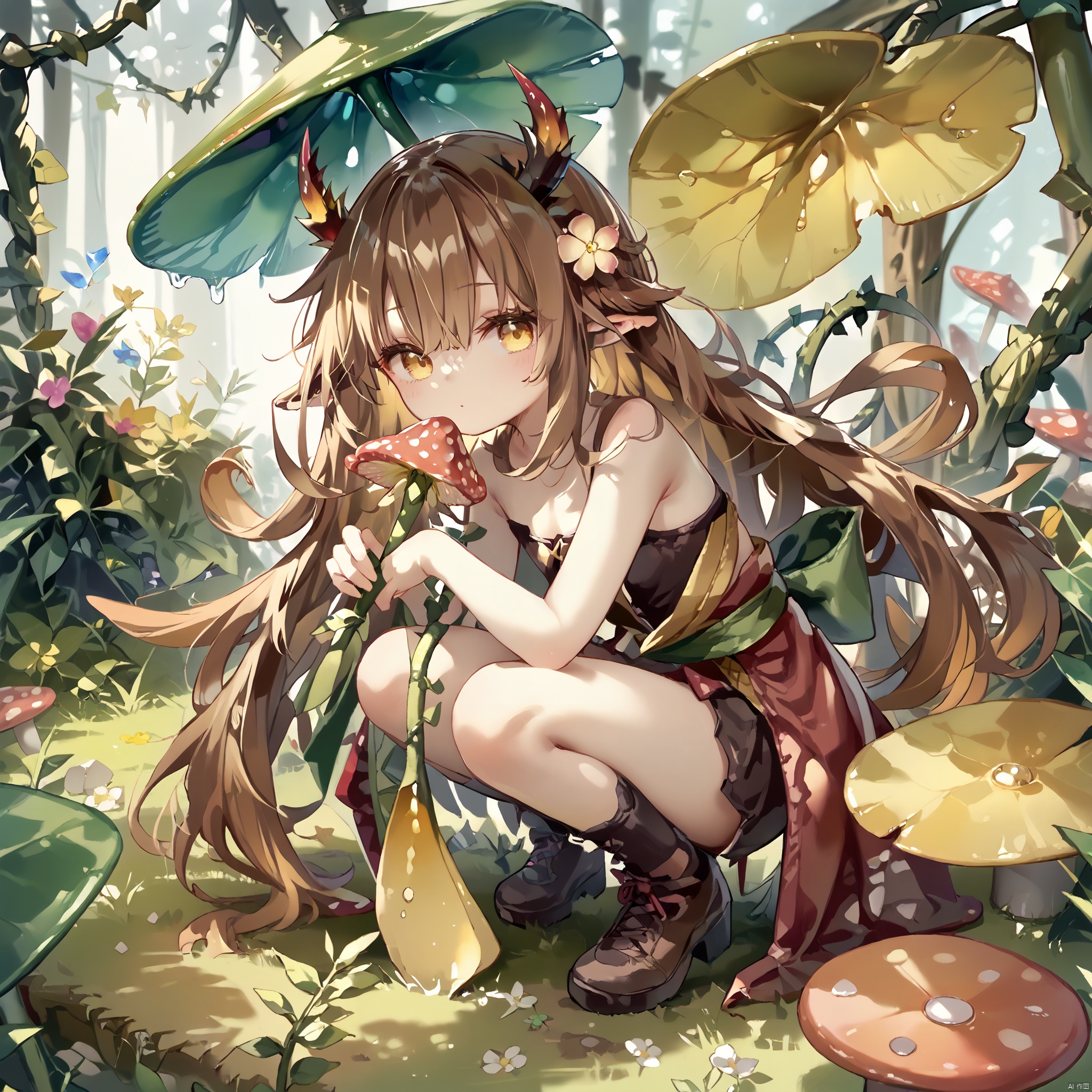 score_9,score_8,score_7, Traptrix, 1girl, solo, long hair, looking at viewer, brown hair, holding, very long hair, yellow eyes, flower, wings, horns, leaf, squatting, grass, plant, monster girl, vines, mushroom