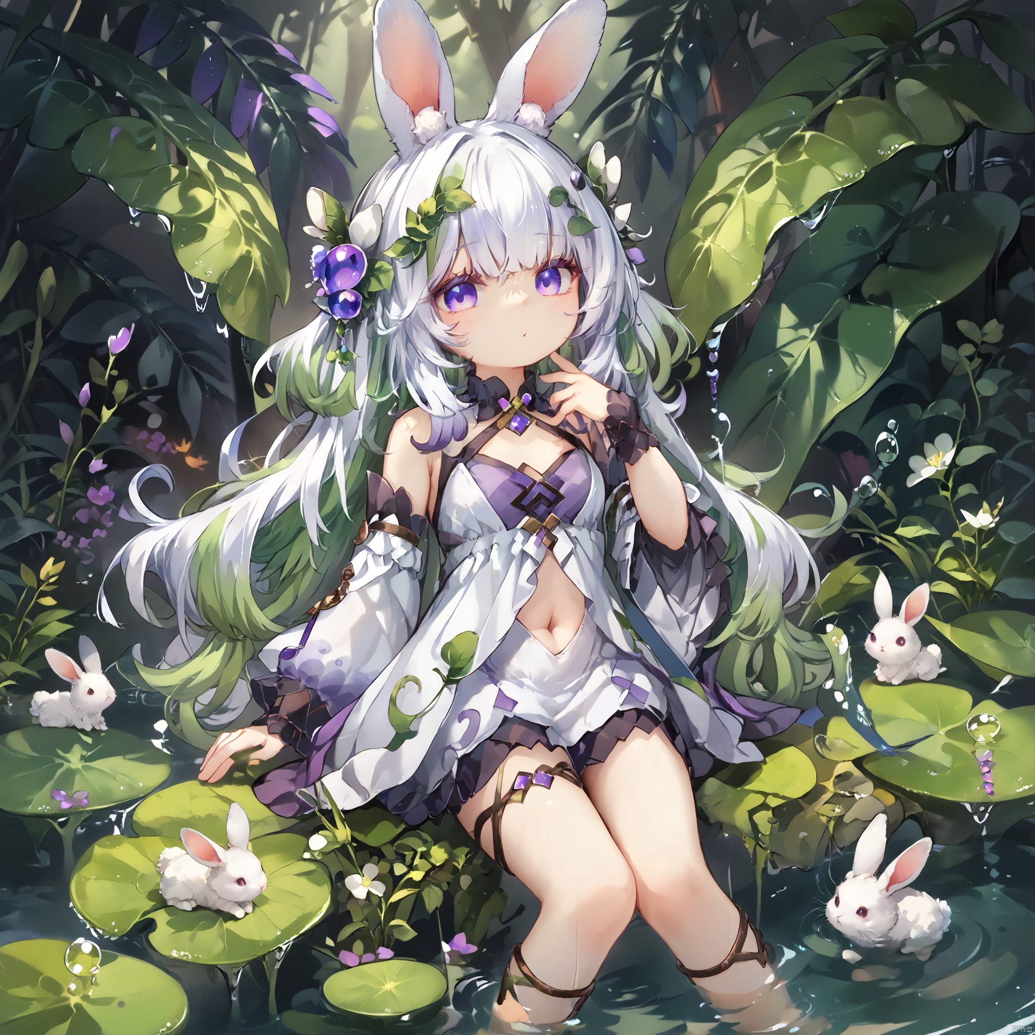 score_9,score_8,score_7, Traptrix, 1girl, solo, long hair, hair ornament, dress, navel, animal ears, sitting, purple eyes, white hair, multicolored hair, detached sleeves, green hair, barefoot, water, plant, rabbit, anklet