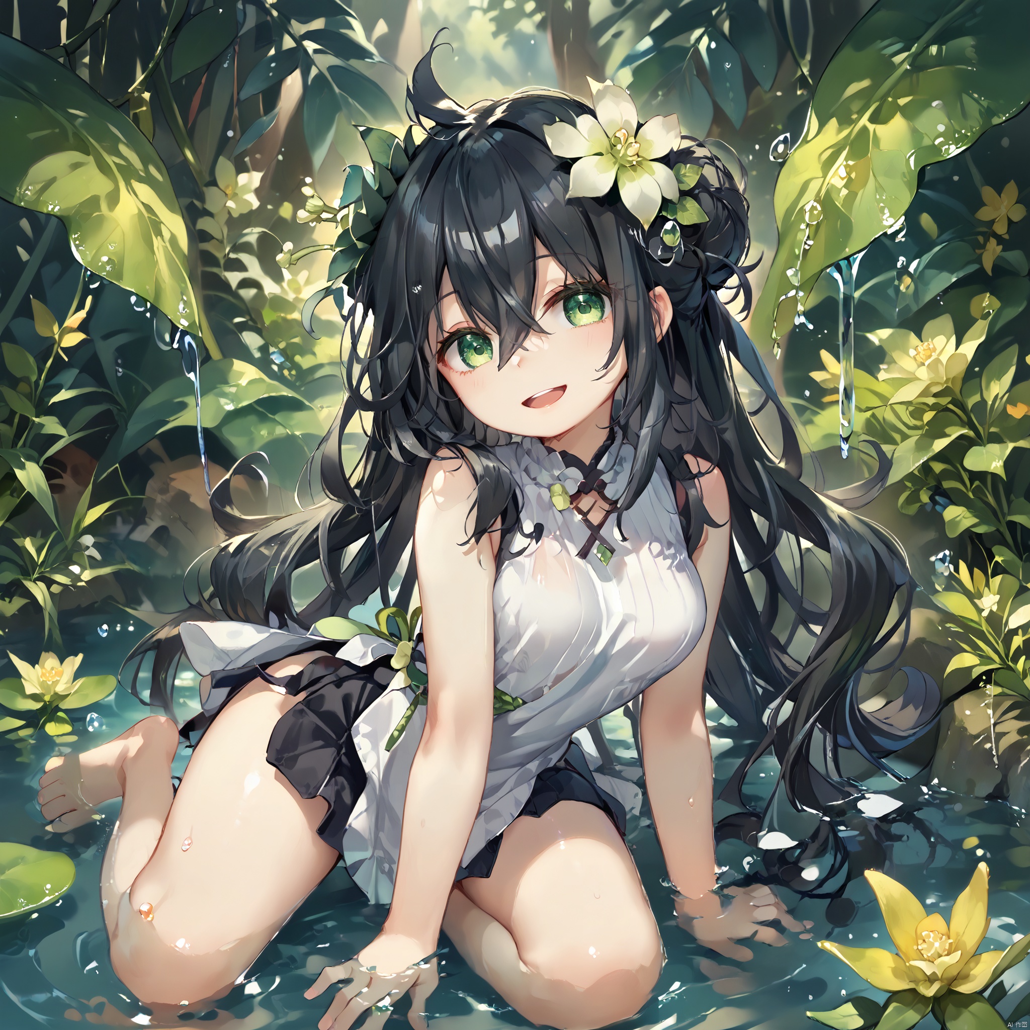 score_9,score_8,score_7, Traptrix, 1girl, solo, long hair, breasts, looking at viewer, smile, open mouth, black hair, hair ornament, hair between eyes, green eyes, flower, barefoot, sleeveless, hair flower, water, hair bun, arm support