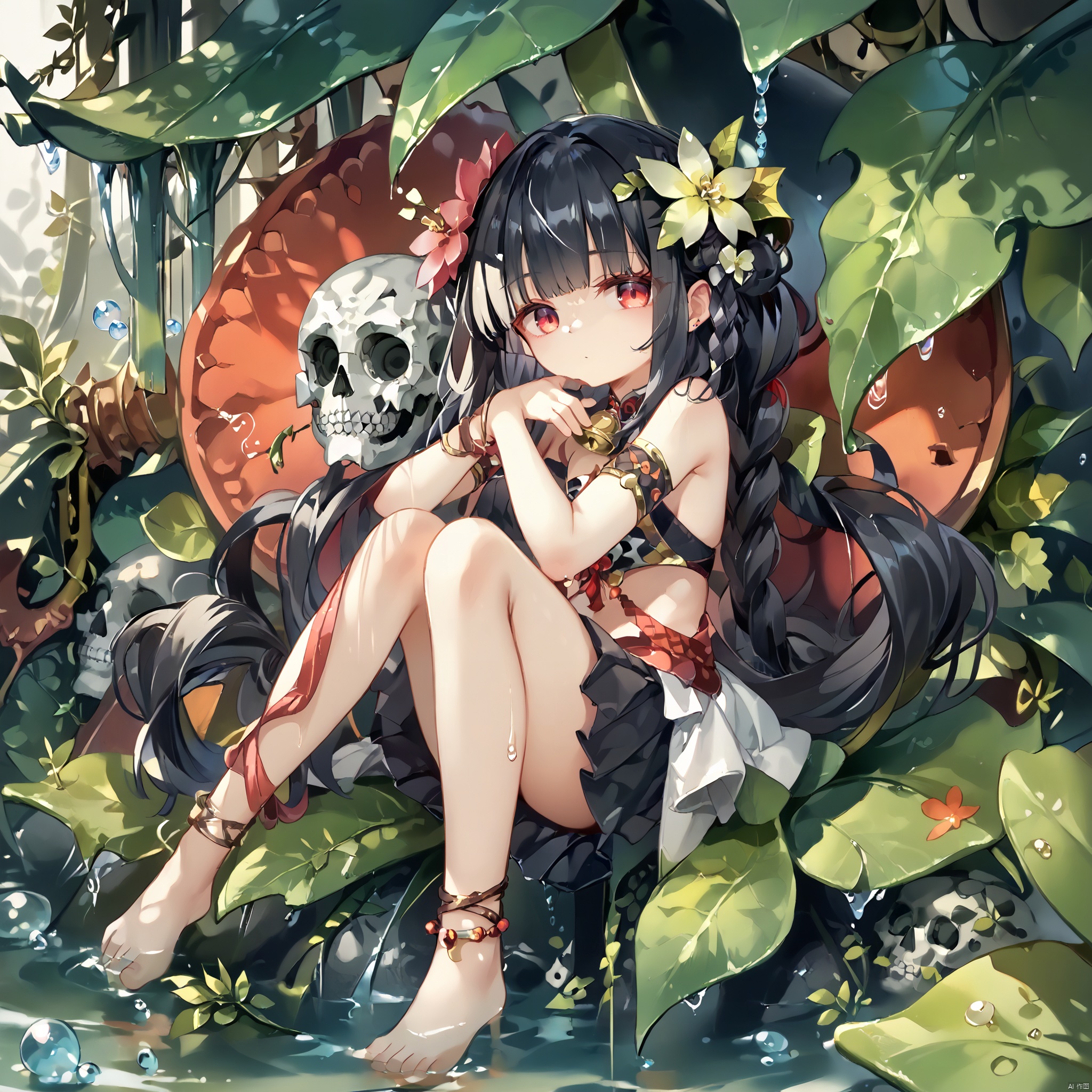 score_9,score_8,score_7, Traptrix, 1girl, solo, long hair, looking at viewer, bangs, skirt, black hair, hair ornament, red eyes, jewelry, very long hair, tail, braid, flower, barefoot, hair flower, bell, leaf, plant, armlet, skull, water drop, anklet