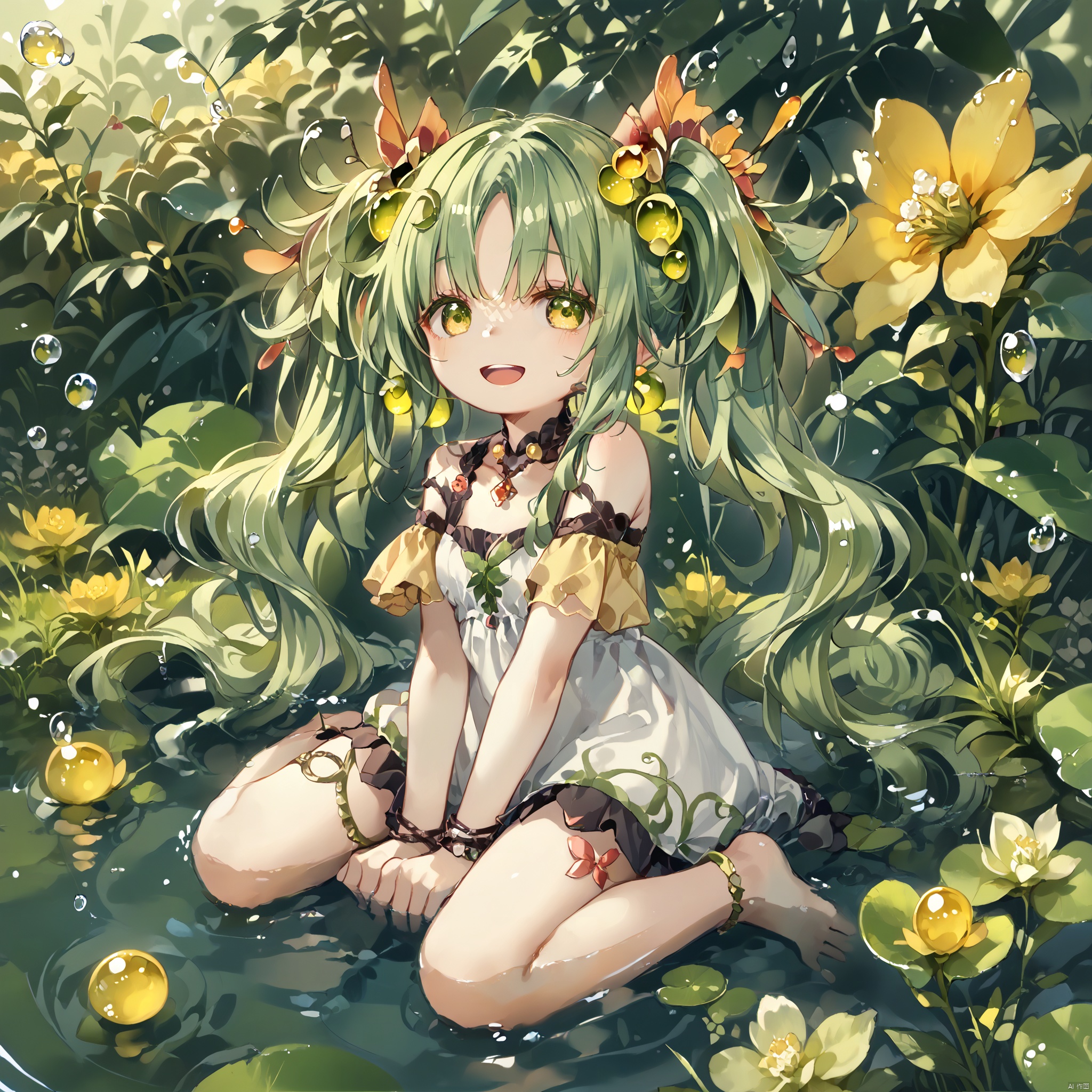 score_9,score_8,score_7, Traptrix, 1girl, solo, long hair, smile, open mouth, hair ornament, dress, twintails, jewelry, sitting, green eyes, yellow eyes, flower, green hair, barefoot, water, wariza, grass, bubble