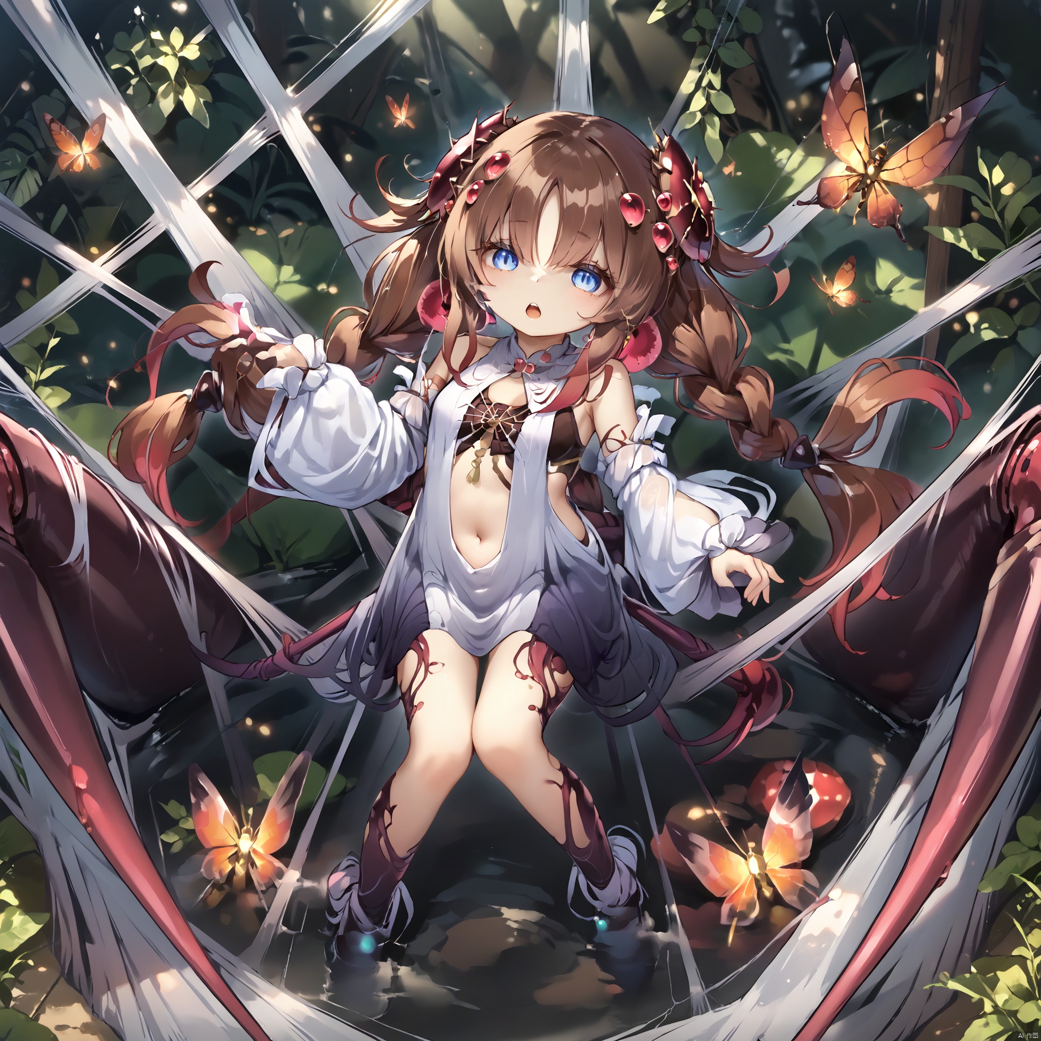 score_9,score_8,score_7, Traptrix, 1girl, solo, long hair, looking at viewer, open mouth, blue eyes, brown hair, hair ornament, navel, twintails, jewelry, very long hair, full body, braid, flower, detached sleeves, bug, monster girl, extra eyes, arthropod girl, silk, spider web, spider girl, arthropod limbs