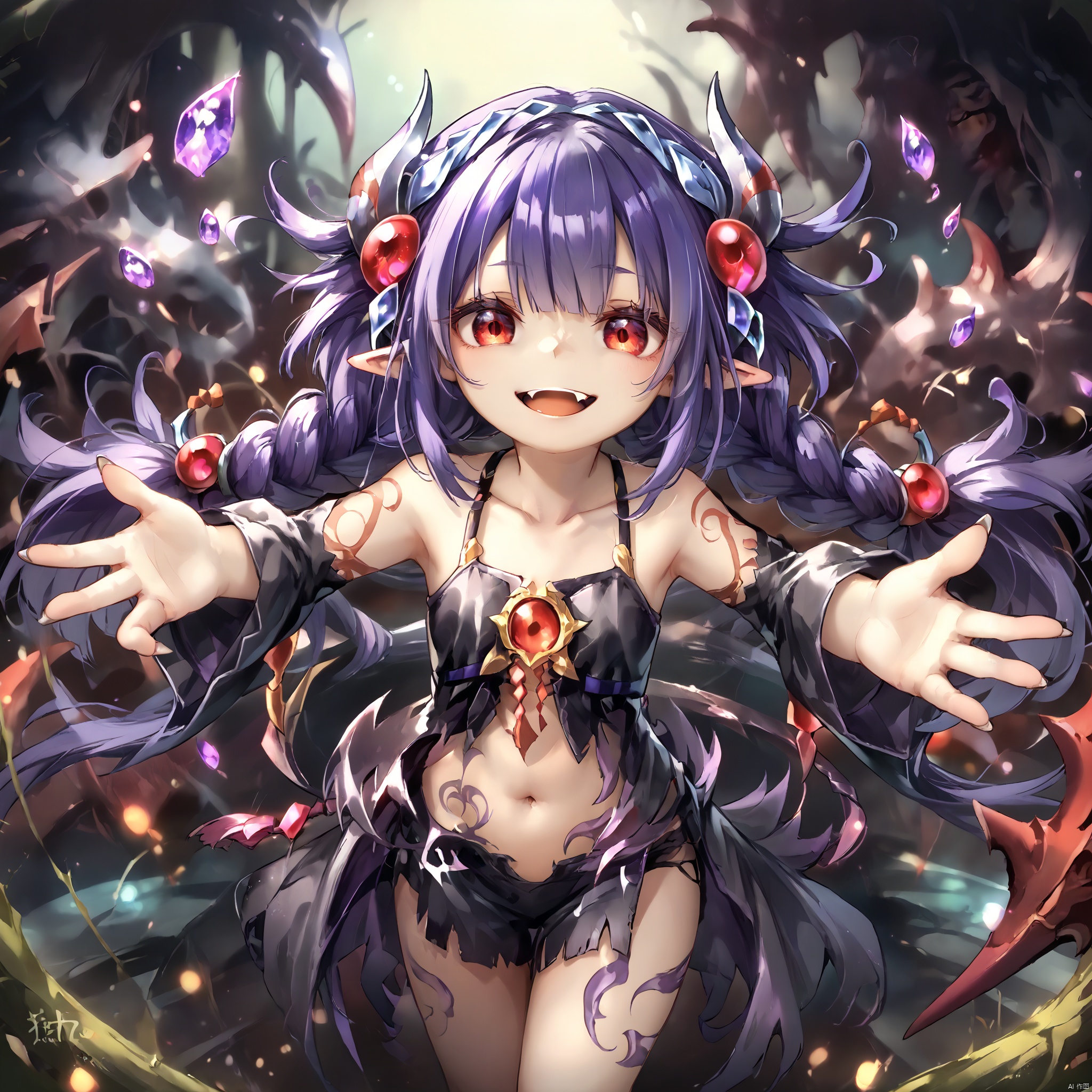 score_9,score_8,score_7, Traptrix, 1girl, solo, long hair, looking at viewer, smile, open mouth, hair ornament, red eyes, navel, collarbone, purple hair, braid, pointy ears, twin braids, tattoo, fangs, outstretched arms, claws, duel monster