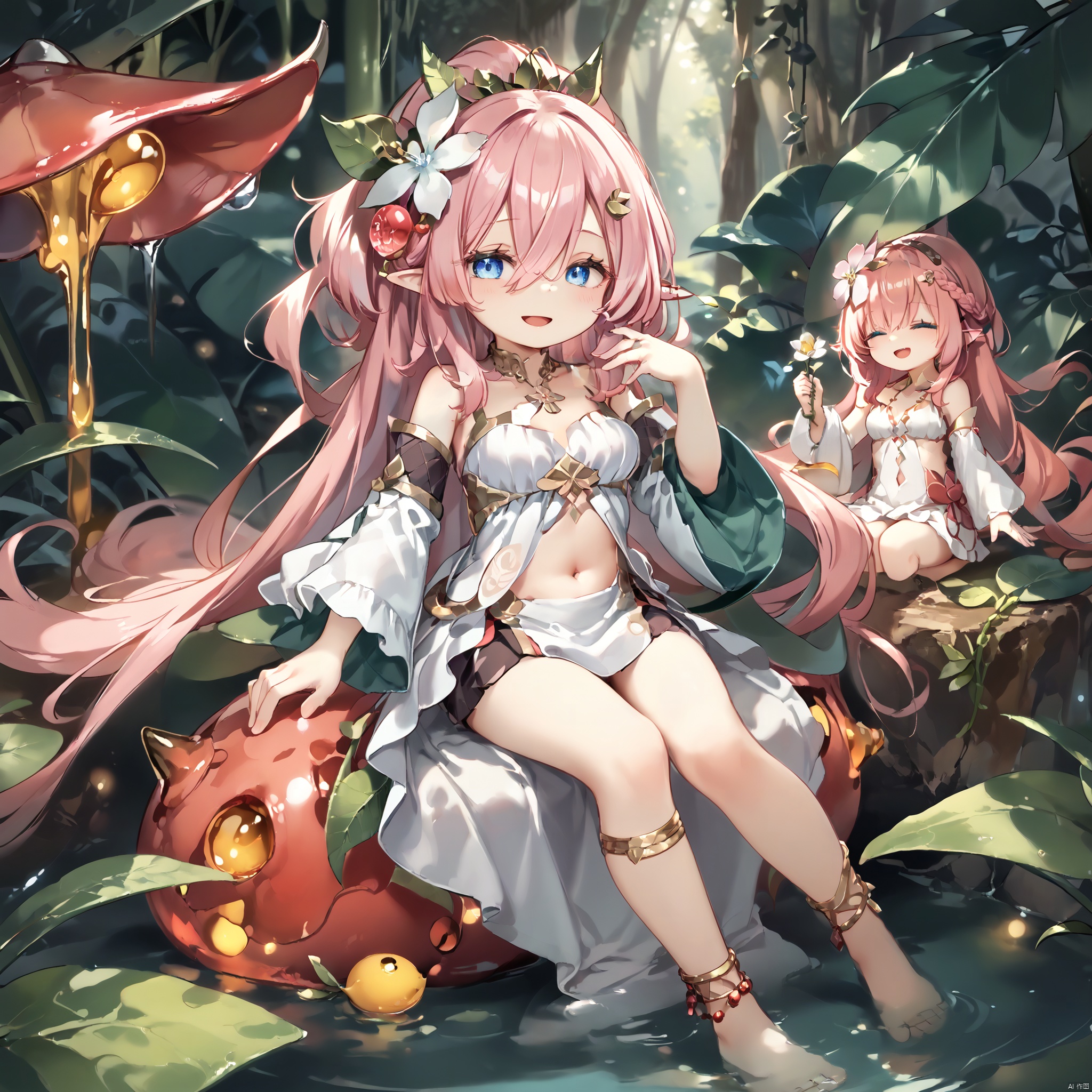 score_9,score_8,score_7, Traptrix, long hair, breasts, smile, open mouth, blue eyes, multiple girls, hair ornament, dress, navel, 2girls, jewelry, sitting, very long hair, closed eyes, ponytail, pink hair, braid, flower, detached sleeves, barefoot, pointy ears, midriff, hair flower, hair over one eye, leaf, monster girl, minigirl, anklet