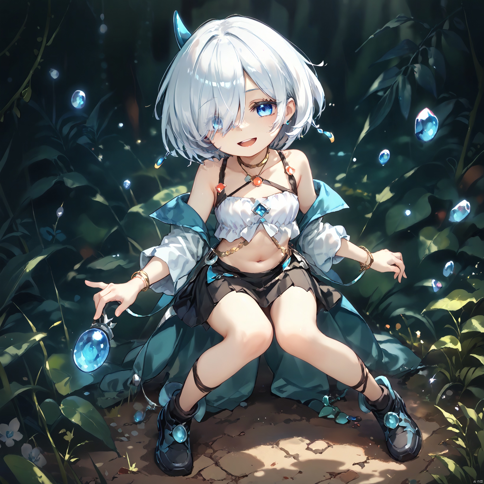 Prompt: score_9,score_8,score_7, Traptrix, 1girl, solo, looking at viewer, smile, short hair, open mouth, blue eyes, skirt, navel, jewelry, full body, white hair, midriff, hair over one eye, knees together feet apart
