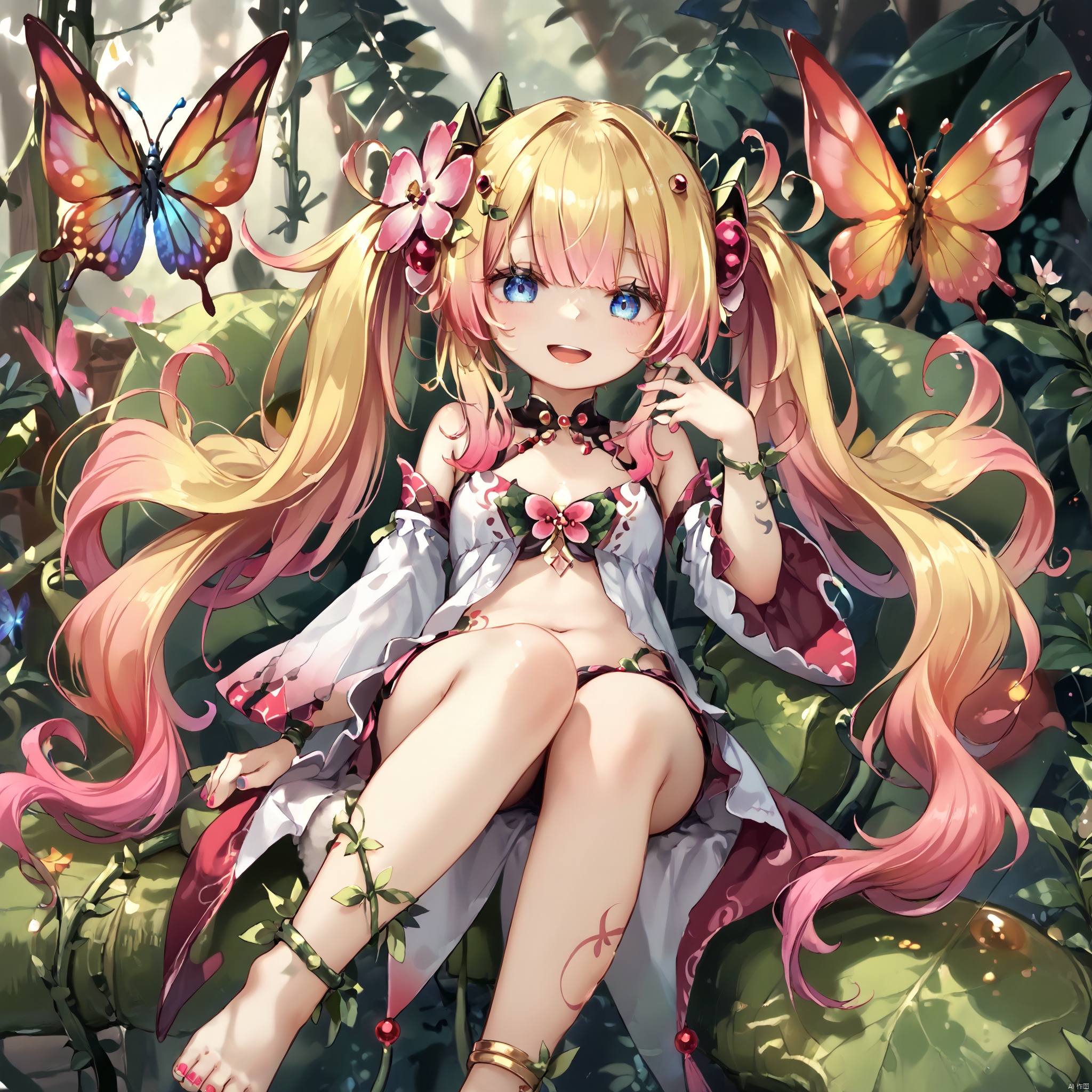 score_9,score_8,score_7, Traptrix, 1girl, solo, long hair, smile, open mouth, blonde hair, hair ornament, navel, twintails, jewelry, sitting, very long hair, full body, pink hair, flower, multicolored hair, detached sleeves, barefoot, midriff, hair flower, nail polish, tattoo, gradient hair, bug, plant, butterfly, nature, anklet, toenail polish, vines