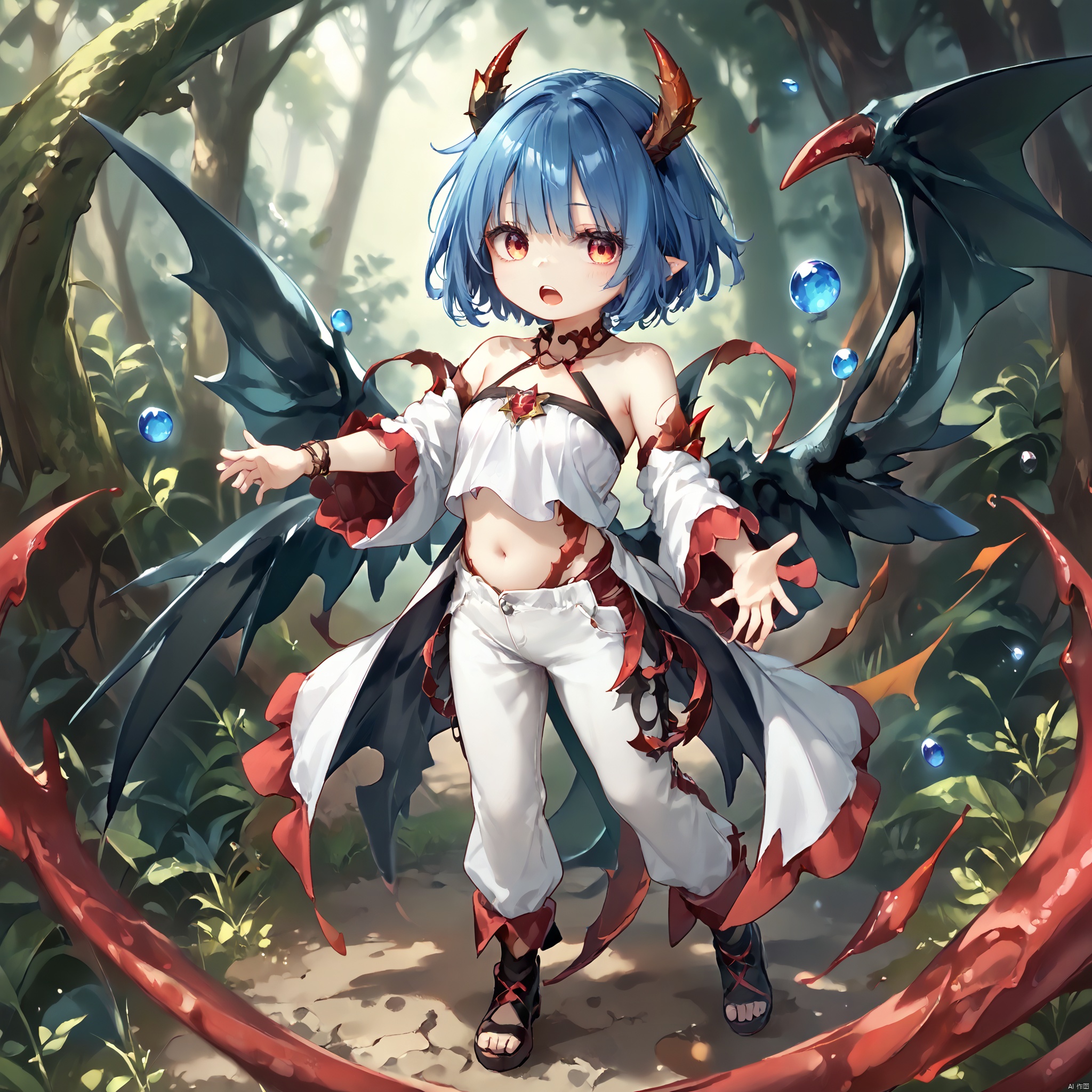 score_9,score_8,score_7, Traptrix, 1girl, solo, looking at viewer, short hair, open mouth, bare shoulders, full body, wings, horns, midriff, pants