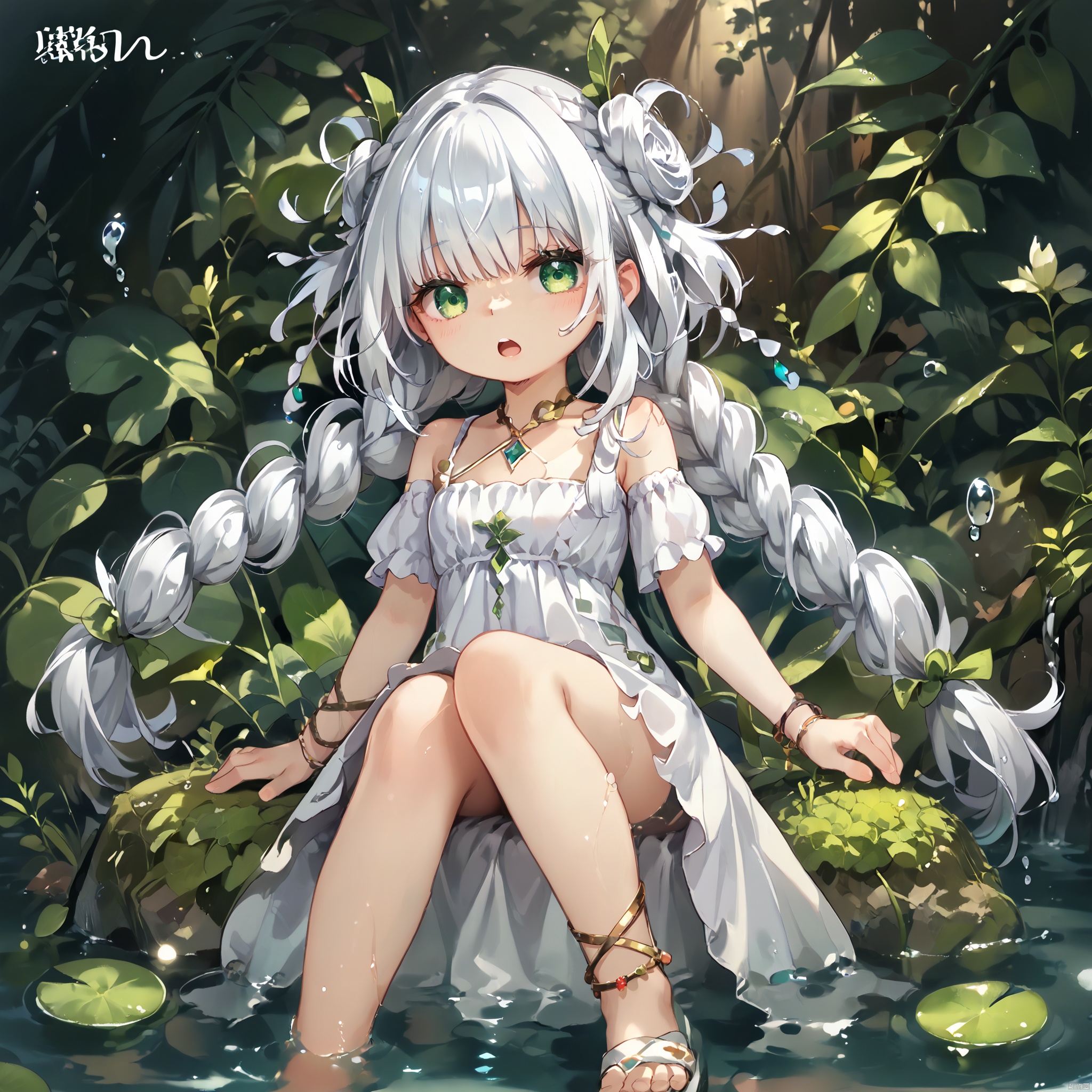 score_9,score_8,score_7, Traptrix, 1girl, solo, long hair, looking at viewer, open mouth, dress, jewelry, sitting, very long hair, green eyes, full body, braid, white hair, barefoot, water, twin braids, anklet, barefoot sandals
