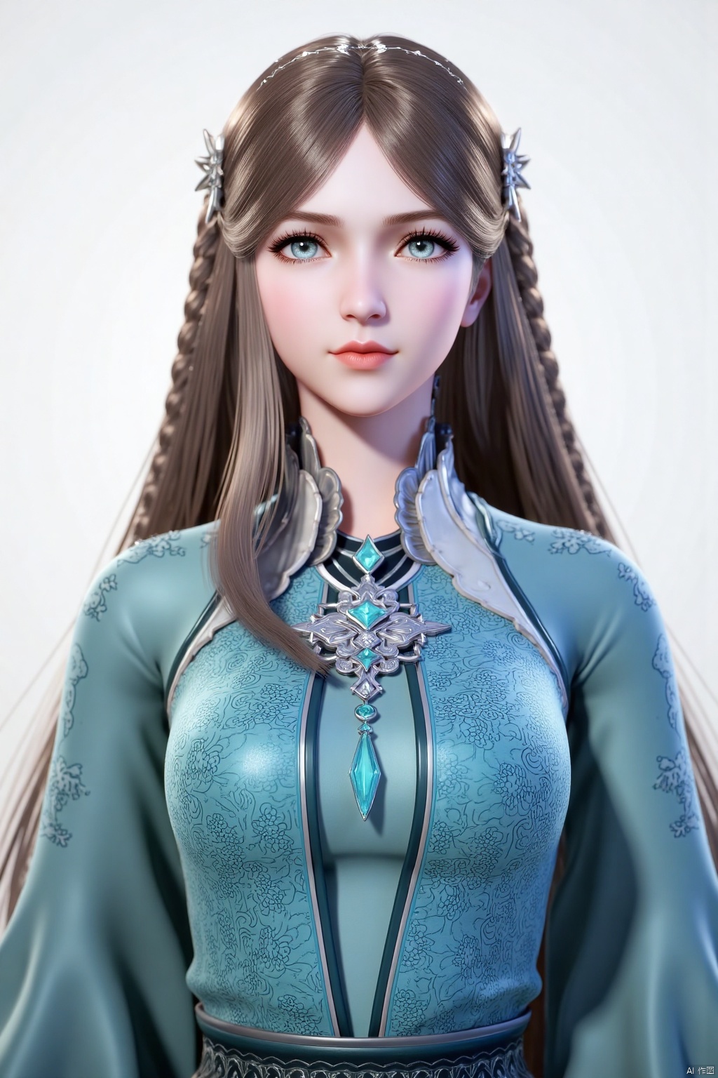 1girl, solo, long hair, looking at viewer, blue eyes, brown hair, hair ornament, long sleeves, dress, jewelry, closed mouth, upper body, braid, blue dress, chinese clothes