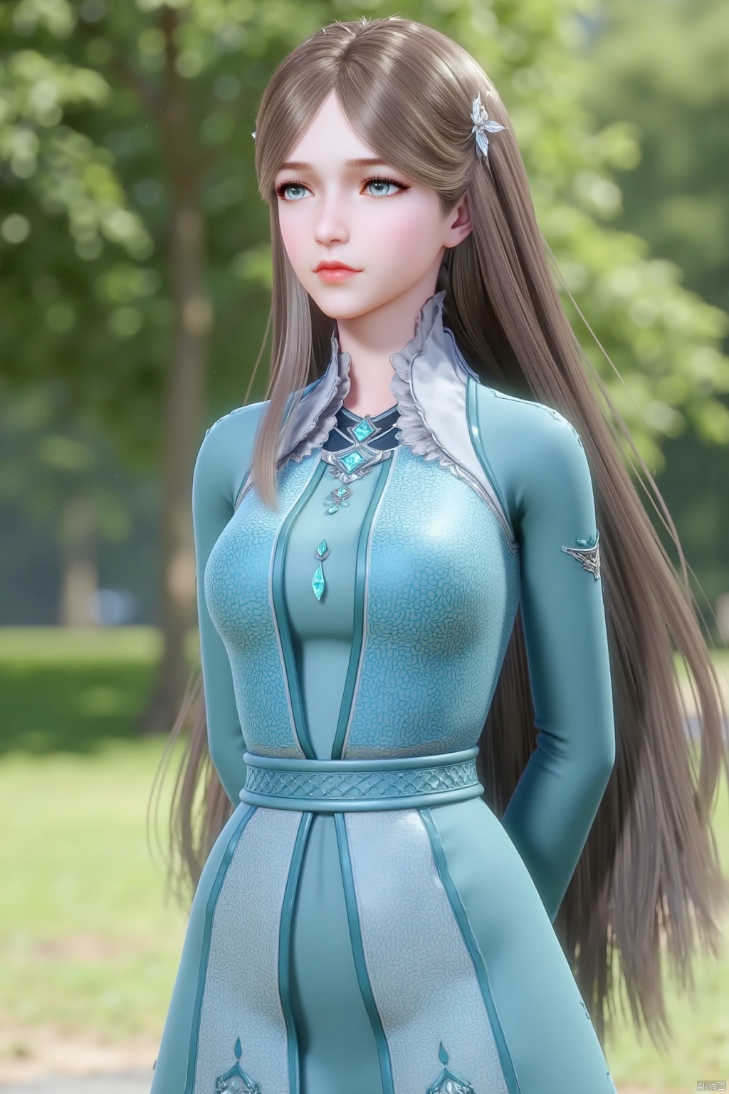 1girl, solo, long hair, looking at viewer, blue eyes, brown hair, hair ornament, dress, standing, outdoors, blue dress, arms behind back