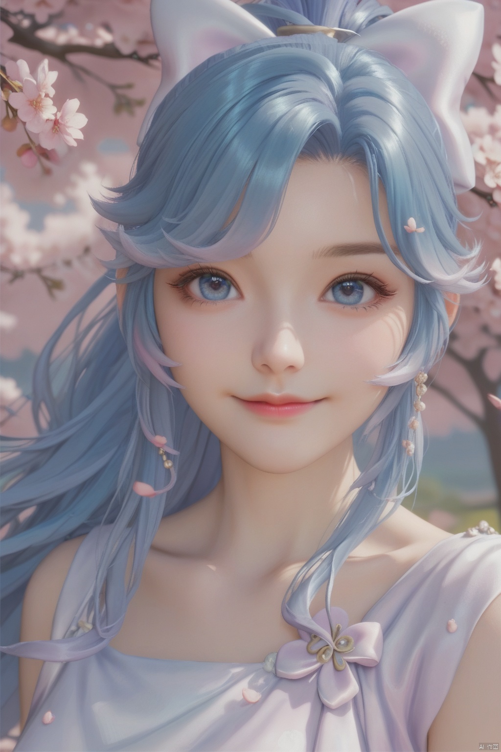 score_9,score_8_up,score_7_up,1girl,solo,long hair,looking at viewer,jewelry,bangs,blue eyes,dress,bow,blue hair,collarbone,ponytail,hair bow,multicolored hair,white bow,cherry blossoms,smile,from above,Close Range,close-up