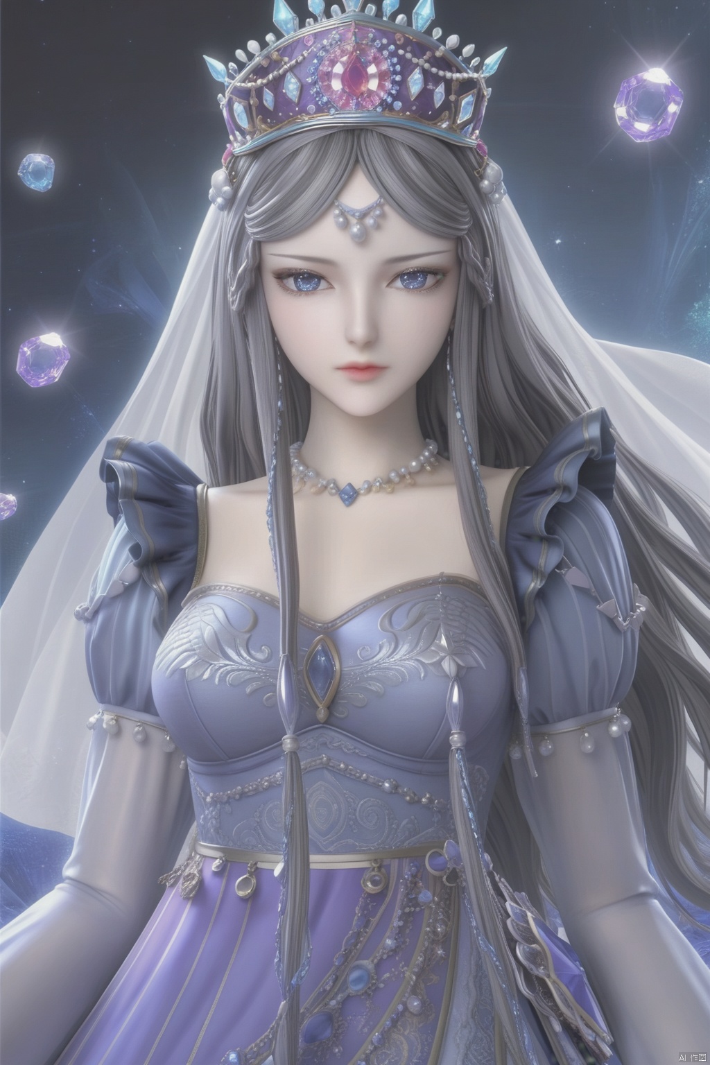 masterpiece, best quality, masterpiece,best quality,official art,extremely detailed CG unity 8k wallpaper,1girl,solo,long hair,looking at viewer,blue eyes,grey hair,jewelry,long sleeves,dress,necklace,blue dress,crown,crystal,gem