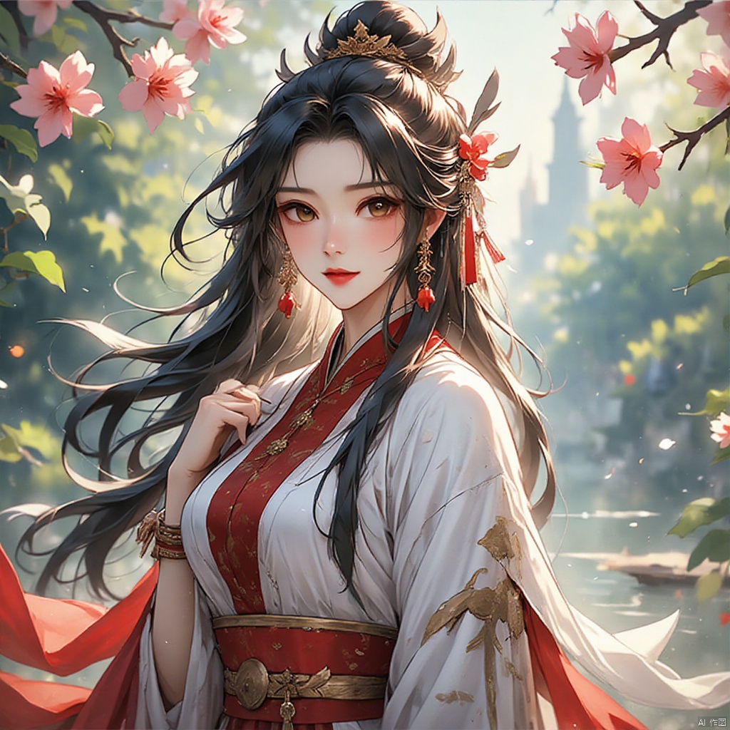 gufengtuiwen, black hair,branch,breasts,cherry blossoms,chinese clothes,earrings,flower,hair ornament,hanfu,long hair,medium breasts,petals,movie lens,ray tracing,blurred background,