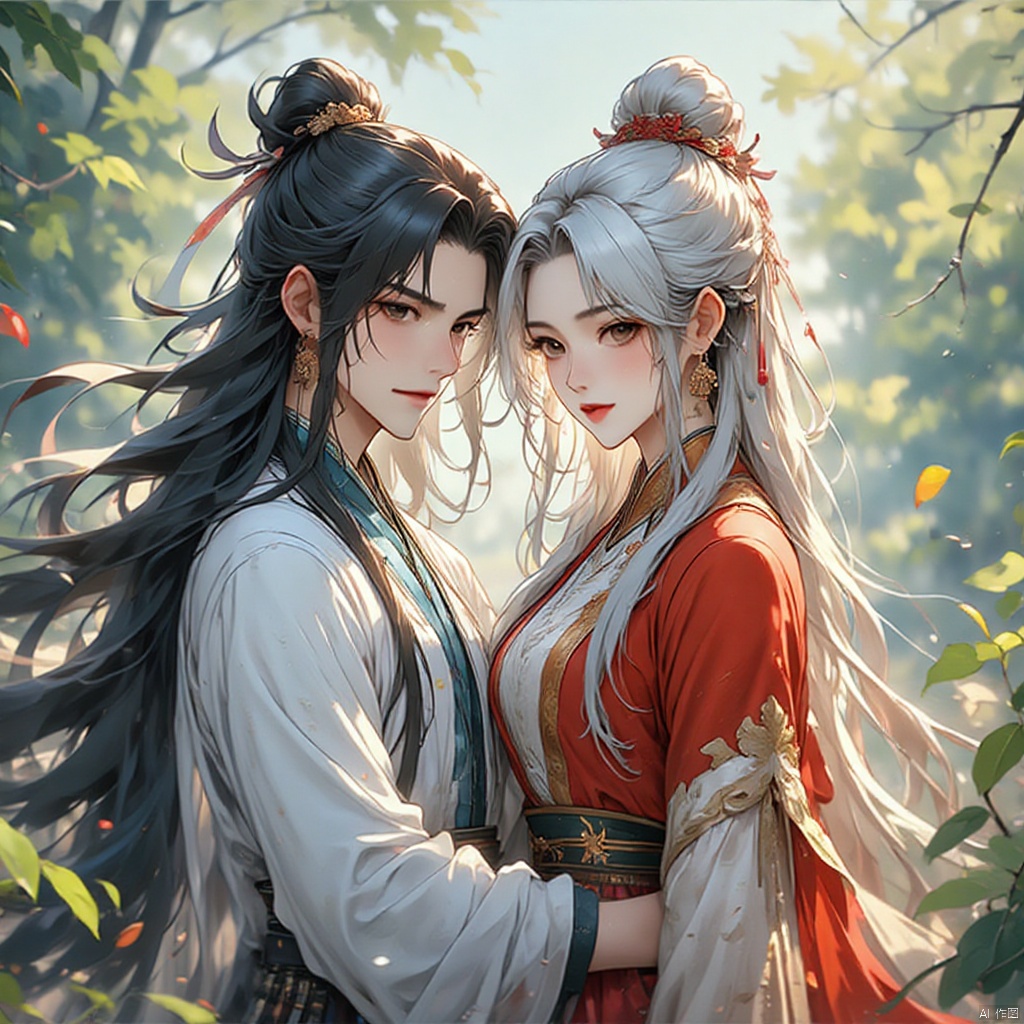 gufengtuiwen, (One girl:1.4),Chinese dress,black long hair,(One boy:0.8),Chinese dress,silver long hair,scenery,plants,filming,half body close-up,ray tracing,clear background,8K,balanced composition,