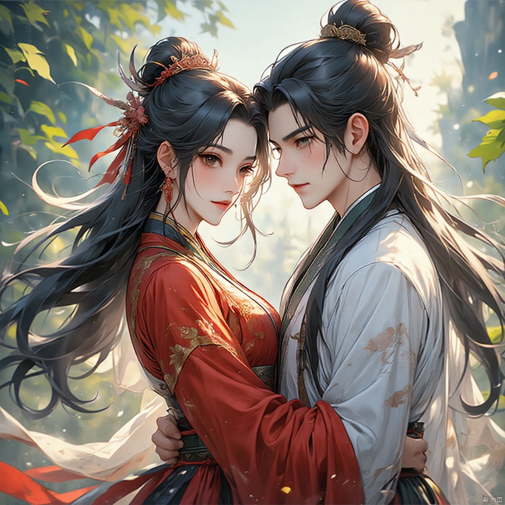 gufengtuiwen, (One girl:1.4),Chinese dress,black long hair,(One boy:0.8),Chinese dress,silver long hair,scenery,plants,filming,half body close-up,ray tracing,clear background,8K,balanced composition,