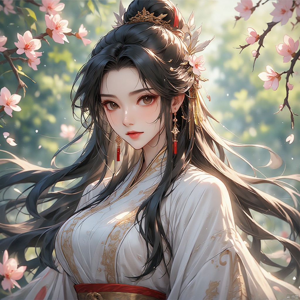 gufengtuiwen, black hair,branch,breasts,cherry blossoms,chinese clothes,earrings,flower,hair ornament,hanfu,long hair,medium breasts,petals,movie lens,ray tracing,blurred background,