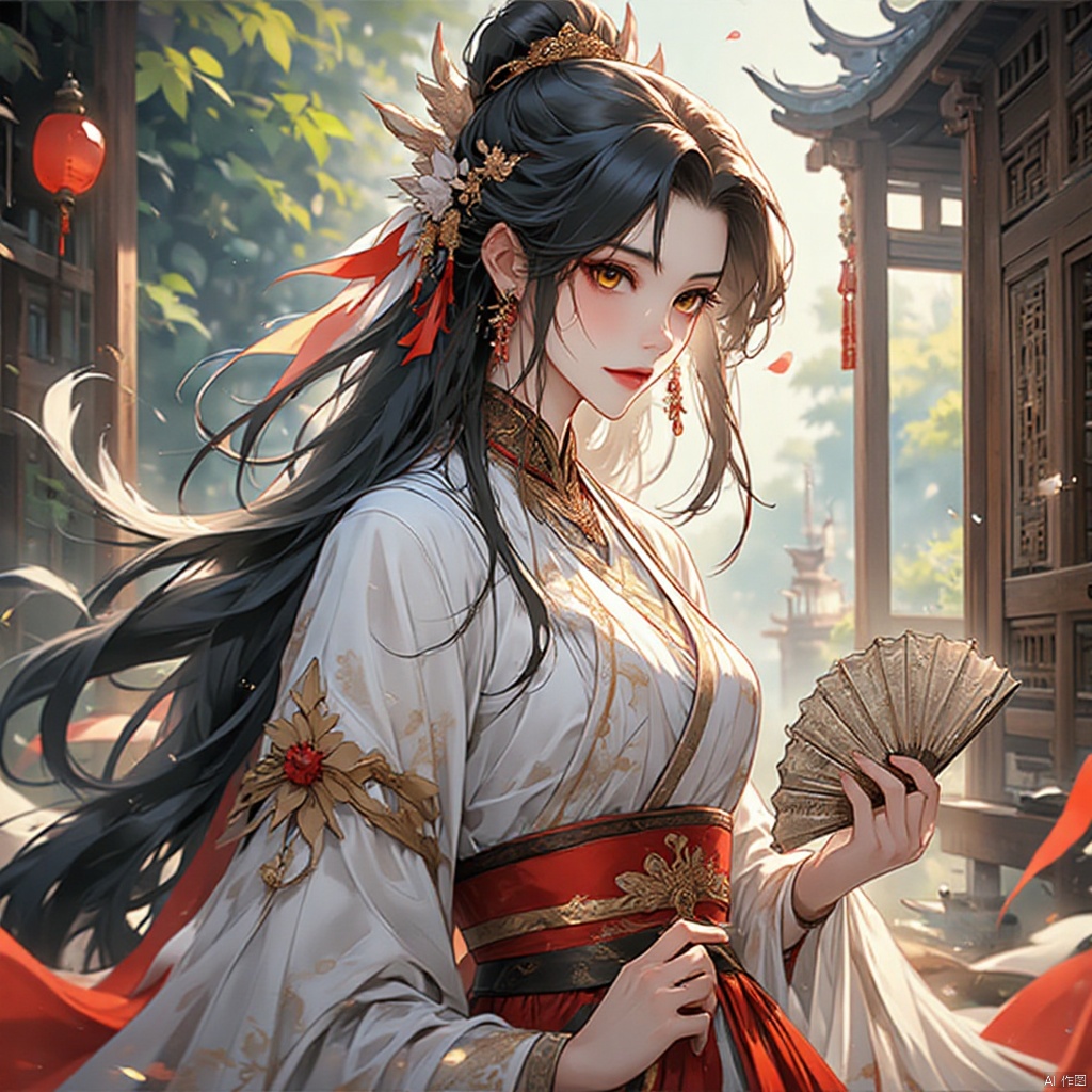 gufengtuiwen, 1girl\(solo,Eyes\(Deep amber,crystal clear,long and delicate eyelashes\),Nose\(Elevated,a slightly upturned nose tip\),Lips\(Rosy color,defined lip line\),Hairstyle\(Black hair,smooth and shiny,slightly wavy at the ends\), perfect facial proportions,perfect ratio of head,neck and shoulders Quadratic style,masterpiece,best quality,unreal engine 5 rendering,movie light,movie lens,movie special effects,detailed details,HDR,UHD,8K,CG wallpaper,traditional_clothes,spandex,fine_fabric_emphasis,choker,short_sleeves,bracelet,hair_bobbles,ring,jewelry,ankle_lace-up,drop earrings,evil smile,folding_fan,cat,east asian architecture,chinese_style_loft,