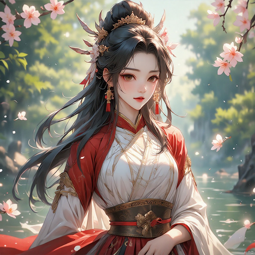 gufengtuiwen, black hair,branch,breasts,cherry blossoms,chinese clothes,earrings,flower,hair ornament,hanfu,long hair,medium breasts,petals,movie lens,ray tracing,blurred background,