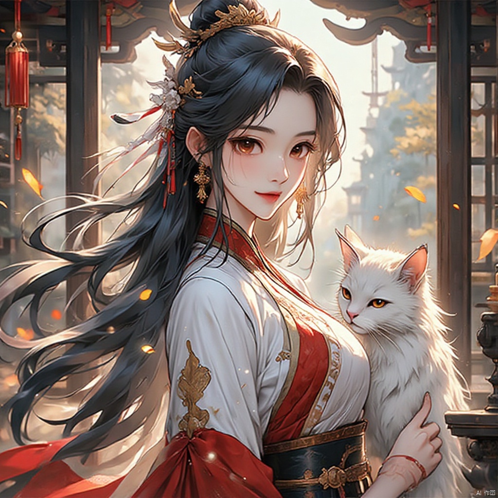 gufengtuiwen, 1girl\(solo,Eyes\(Deep amber,crystal clear,long and delicate eyelashes\),Nose\(Elevated,a slightly upturned nose tip\),Lips\(Rosy color,defined lip line\),Hairstyle\(Black hair,smooth and shiny,slightly wavy at the ends\), perfect facial proportions,perfect ratio of head,neck and shoulders Quadratic style,masterpiece,best quality,unreal engine 5 rendering,movie light,movie lens,movie special effects,detailed details,HDR,UHD,8K,CG wallpaper,traditional_clothes,spandex,fine_fabric_emphasis,choker,short_sleeves,bracelet,hair_bobbles,ring,jewelry,ankle_lace-up,drop earrings,evil smile,folding_fan,cat,east asian architecture,chinese_style_loft,