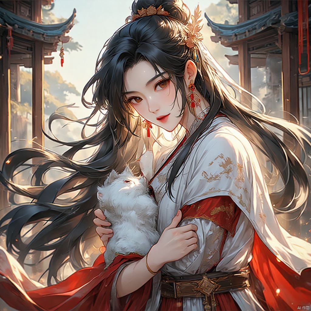 gufengtuiwen, 1girl\(solo,Eyes\(Deep amber,crystal clear,long and delicate eyelashes\),Nose\(Elevated,a slightly upturned nose tip\),Lips\(Rosy color,defined lip line\),Hairstyle\(Black hair,smooth and shiny,slightly wavy at the ends\), perfect facial proportions,perfect ratio of head,neck and shoulders Quadratic style,masterpiece,best quality,unreal engine 5 rendering,movie light,movie lens,movie special effects,detailed details,HDR,UHD,8K,CG wallpaper,traditional_clothes,spandex,fine_fabric_emphasis,choker,short_sleeves,bracelet,hair_bobbles,ring,jewelry,ankle_lace-up,drop earrings,evil smile,folding_fan,cat,east asian architecture,chinese_style_loft,