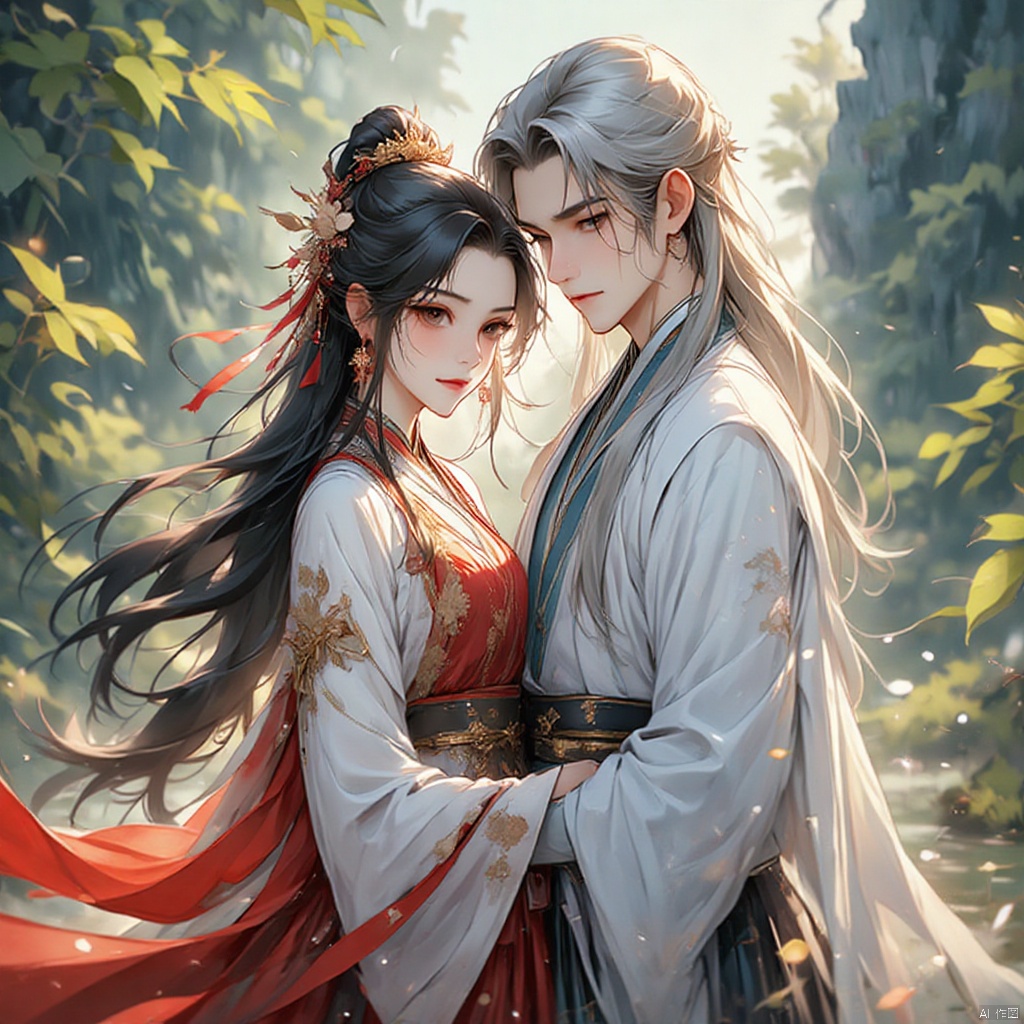 gufengtuiwen, (One girl:1.4),Chinese dress,black long hair,(One boy:0.8),Chinese dress,silver long hair,scenery,plants,filming,half body close-up,ray tracing,clear background,8K,balanced composition,
